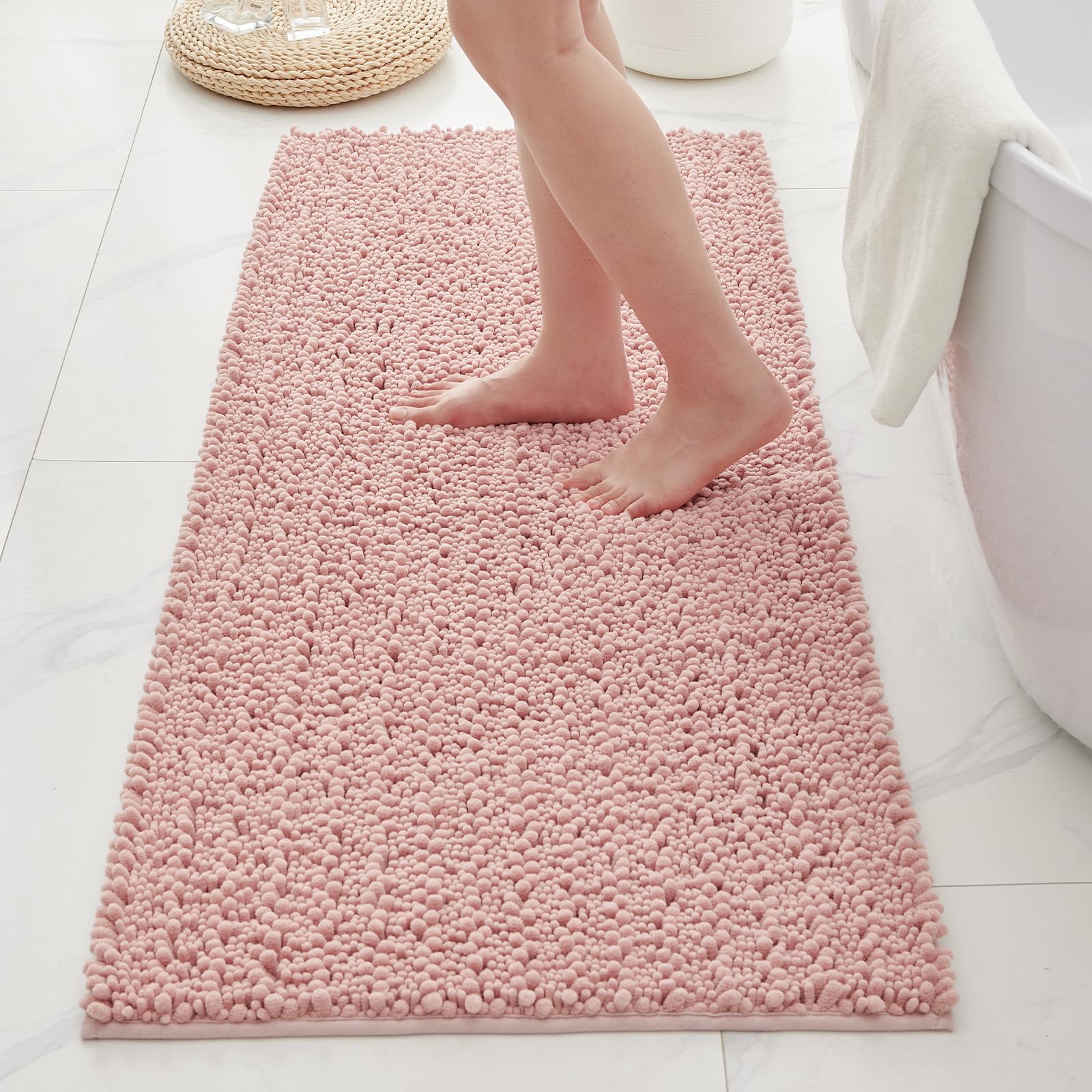 Bathroom Rugs Non Slip Washable 70x24, Extra Thick Soft Chenille Absorbent Bath Mat, High Density Barrier Non Slip Backing, Quick Dry Plush Shaggy Floor Carpet for Tub&Shower, White