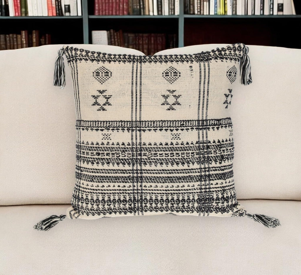 HomeRoots 18" Beige and Black Southwestern Cotton Throw Pillow with Tassels