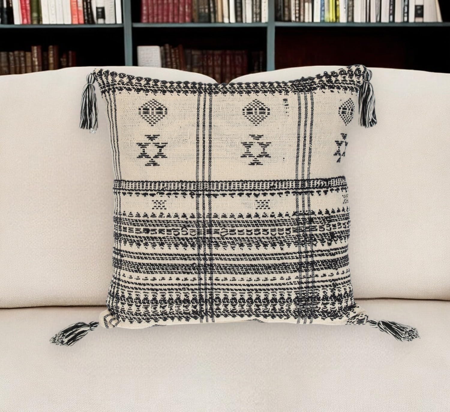 HomeRoots 18" Beige and Black Southwestern Cotton Throw Pillow with Tassels