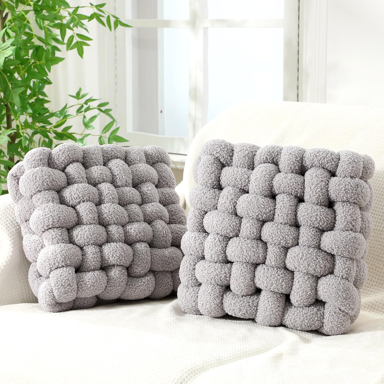 Wenqik 2 Pcs Knot Pillows Square Knotted Plush Throws Soft Accent Pillows Decoration Cushion for Couch Home Office Living Room Bedroom Bed Sofa Decor, 12'' x 13''(Cream White,Lambswool)