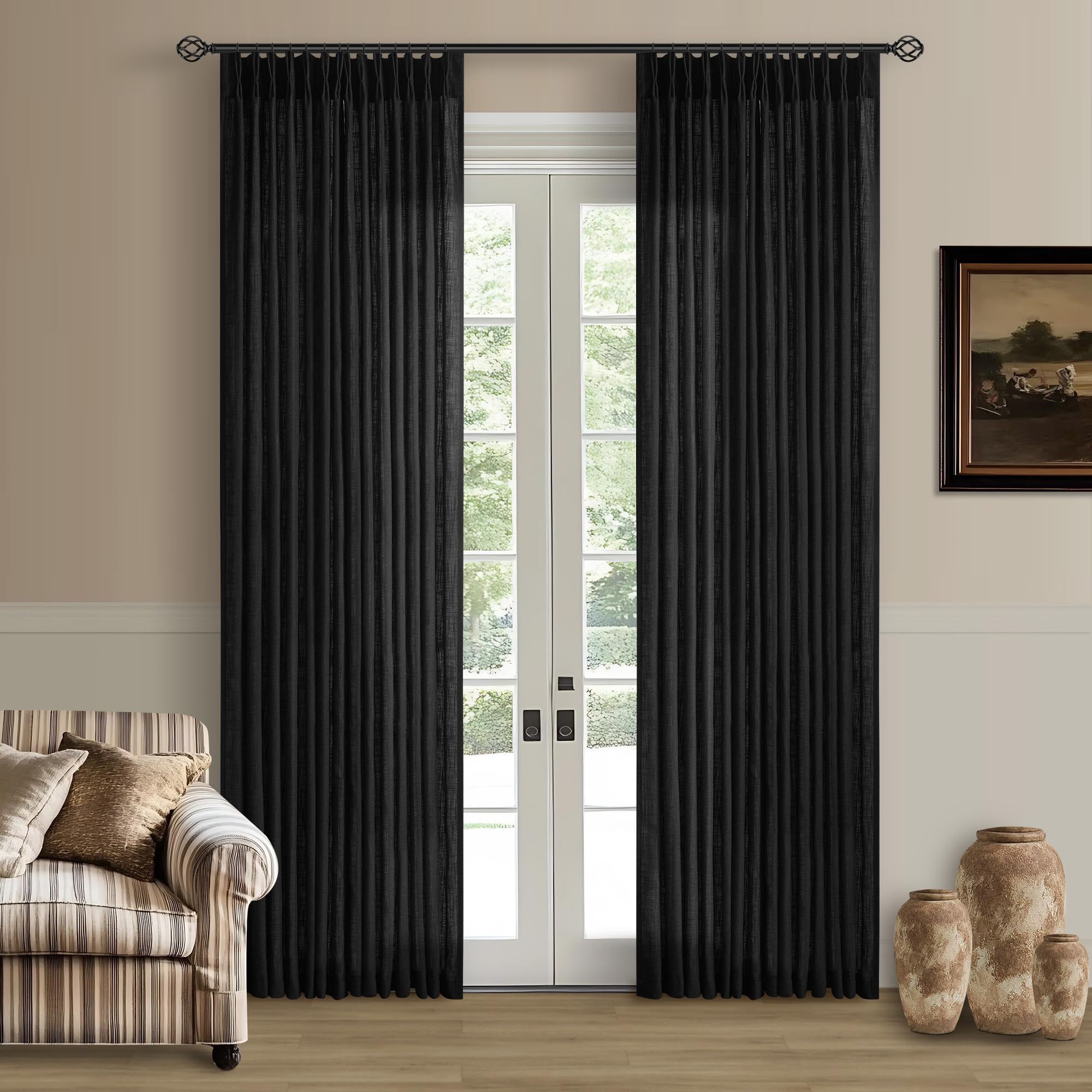90 Inch Pinch Pleated Linen Curtains 2 Panel Set for Living Room Cream Natural Thick Linen Textured Drapes 90 Inches Long Pinch Pleat Drapes Birch Ivory Semi Sheer Curtain for Dining Bedroom Office
