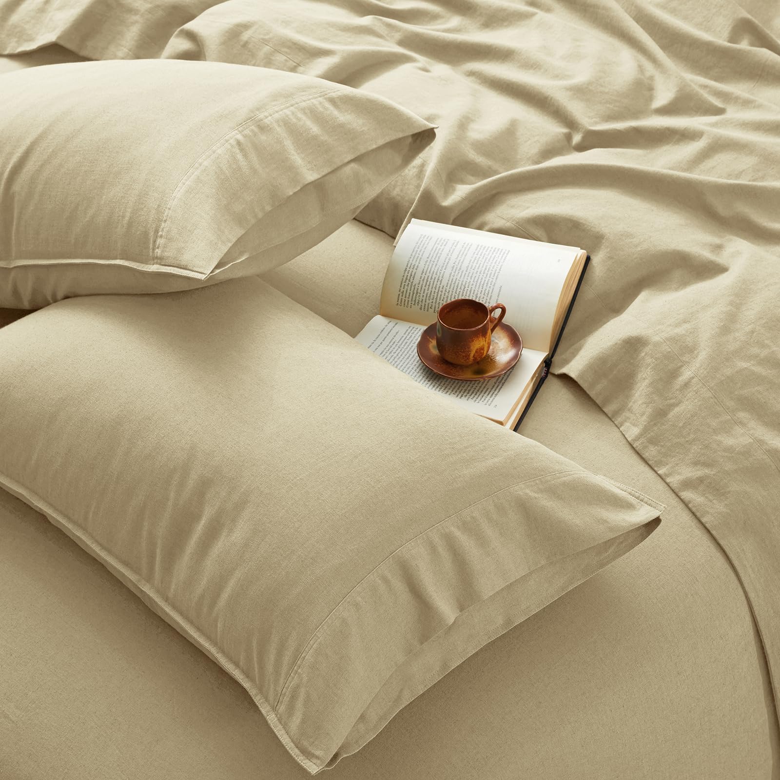 4Pcs Organic Linen Sheets Queen Size, 100% French Linen from Normandy, Breathable Natural Linen Queen Sheet Set with 16 Inch Deep Pocket, 1 Flat Sheet, 1 Fitted Sheet, 2 Pillowcases