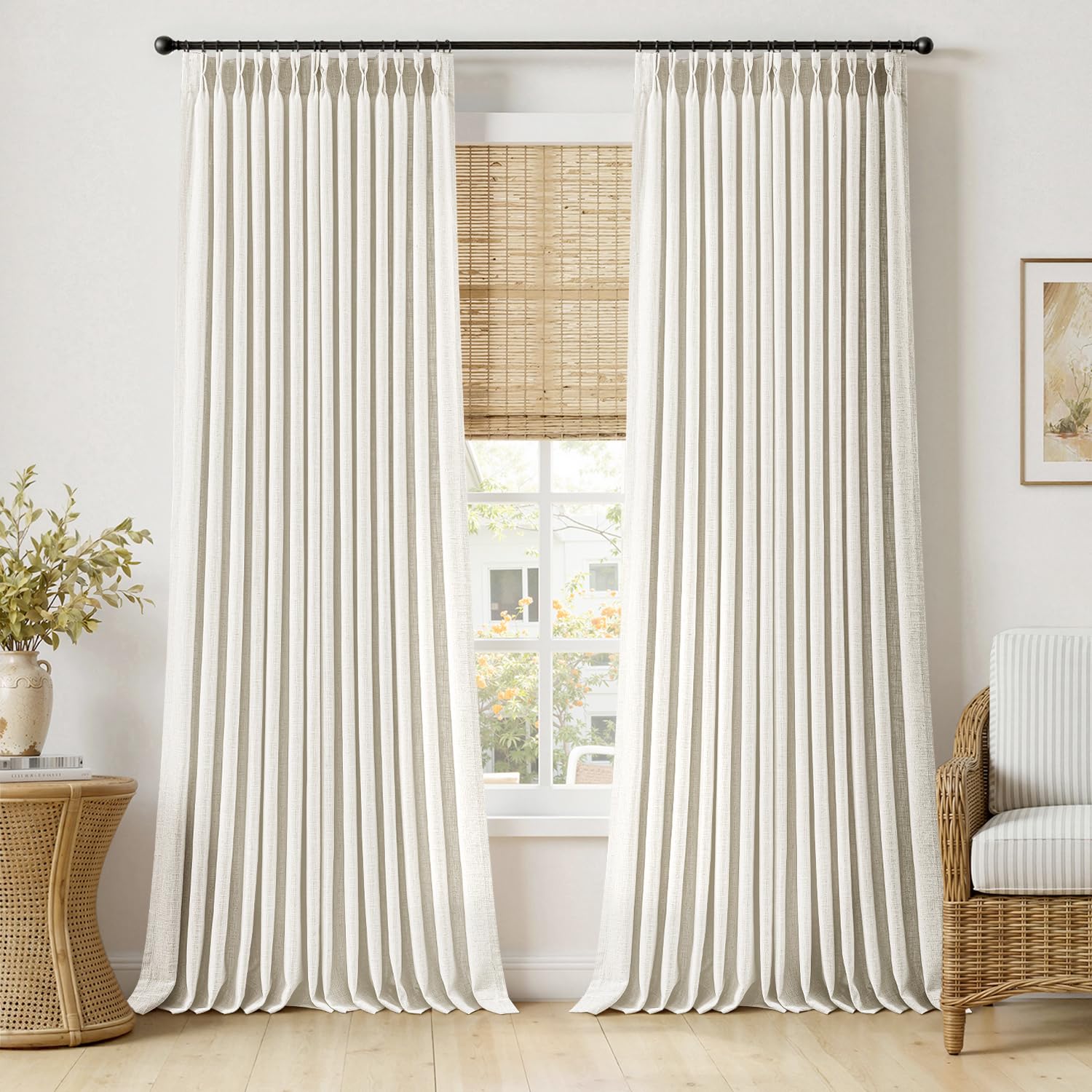 MIULEE Pinch Pleated Thick Linen Curtains 90 Inches Long 2 Panels for Living Room Bedroom, Linen Texture Memory Trained Drapes Pinch Pleat Rustic Farmhouse Window Curtains with Hooks&Rings, Taupe