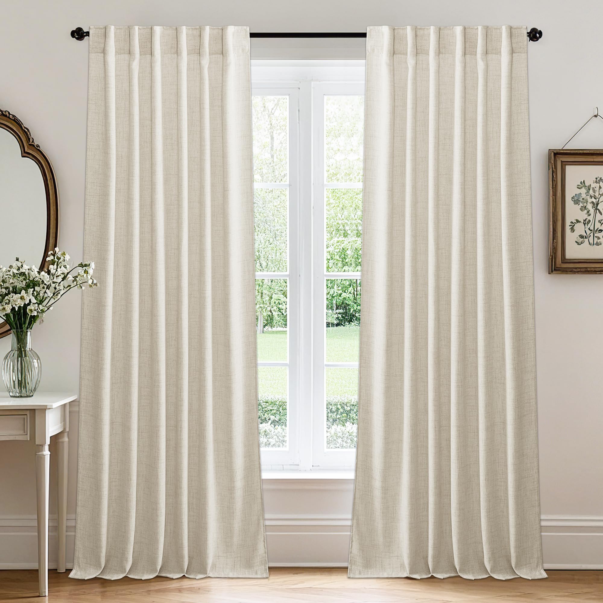 RYB HOME Farmhouse Sheer Curtains 108 inch Length, Semi Sheer Curtain & Drapes Large Window Dressing Lights & Winds Filter for Bedroom Home Office Living Room, Linen, W 70 x L 108 inch Long, 1 Pair