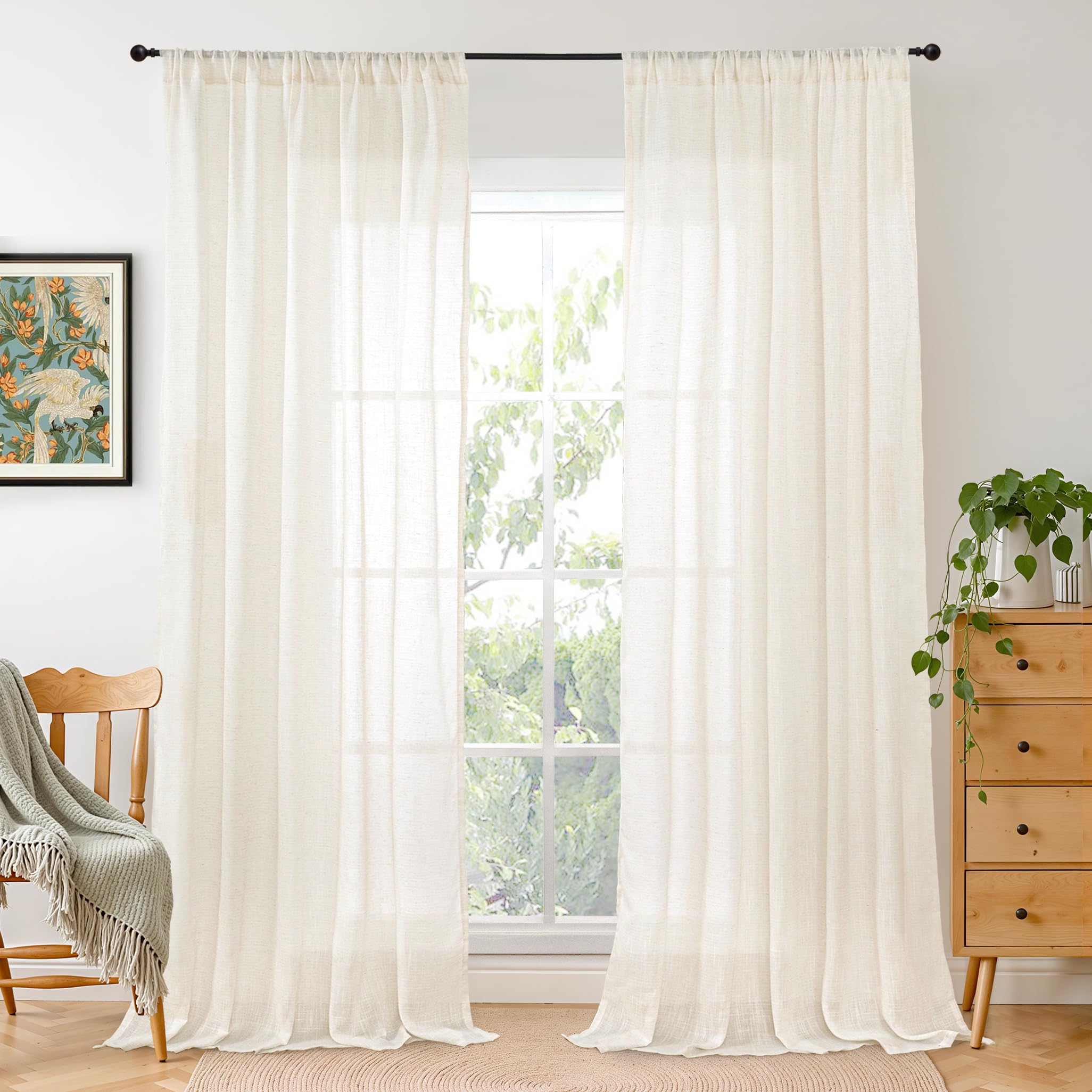 BGment 90 Inches Long Curtains Linen Semi Sheer, Light Filtering Window Treatments Drapes with Rod Pocket Lightweight for Living Room Bedroom, 2 Panels, 52 Inch Wide Each Panel