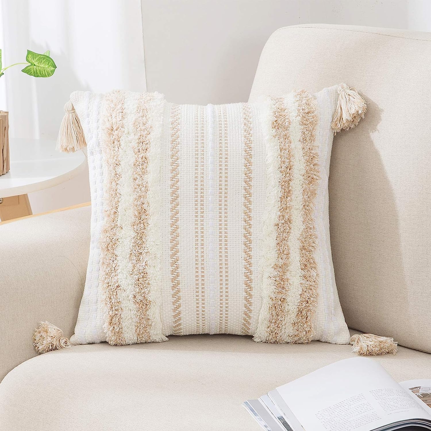 decorUhome Summer Decorative Boho Throw Pillow Covers 20x20 Set of 2, Accent Neutral Textured Tufted Pillow Covers Striped for Couch Bed Sofa Living Room, Light Grey and Cream White
