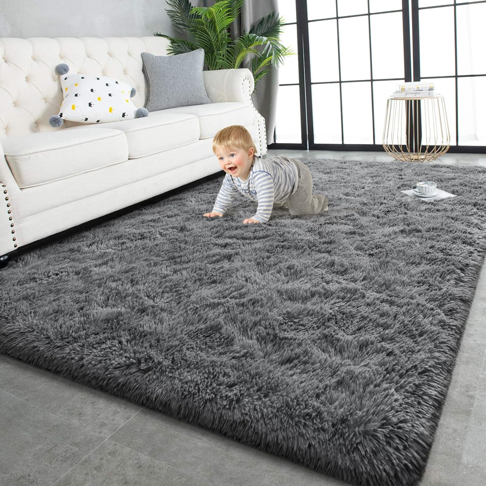 TWINNIS Super Soft Shaggy Rugs Fluffy Carpets, 6x9 Feet, Indoor Modern Plush Area Rugs for Living Room Bedroom Kids Room Nursery Home Decor, Upgrade Anti-Skid Rectangular Fuzzy Rug, Black Gray