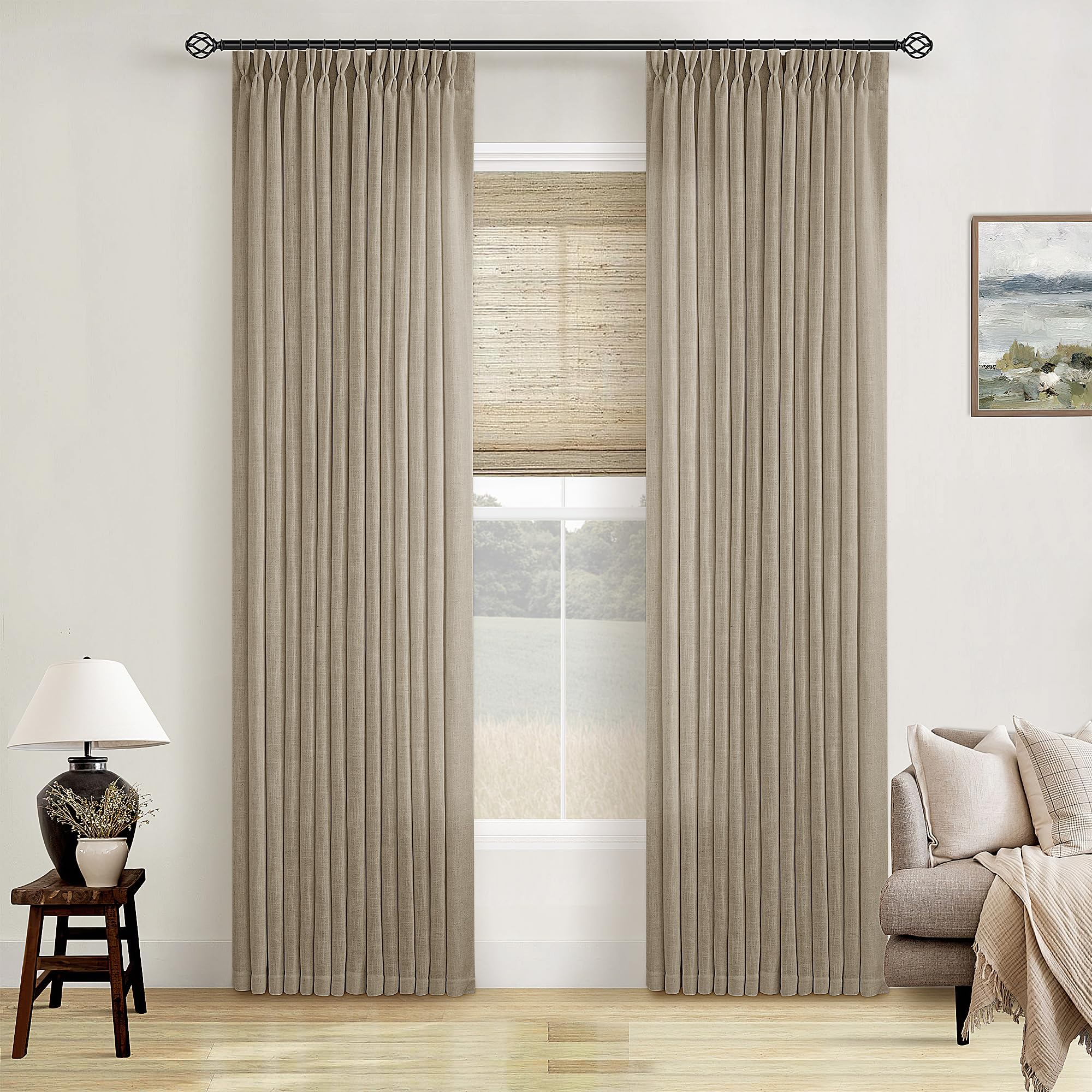 90 Inch Pinch Pleated Linen Curtains 2 Panel Set for Living Room Cream Natural Thick Linen Textured Drapes 90 Inches Long Pinch Pleat Drapes Birch Ivory Semi Sheer Curtain for Dining Bedroom Office