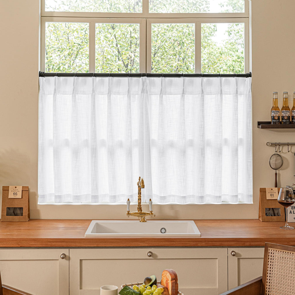 90 Inch Pinch Pleated Linen Curtains 2 Panel Set for Living Room Cream Natural Thick Linen Textured Drapes 90 Inches Long Pinch Pleat Drapes Birch Ivory Semi Sheer Curtain for Dining Bedroom Office