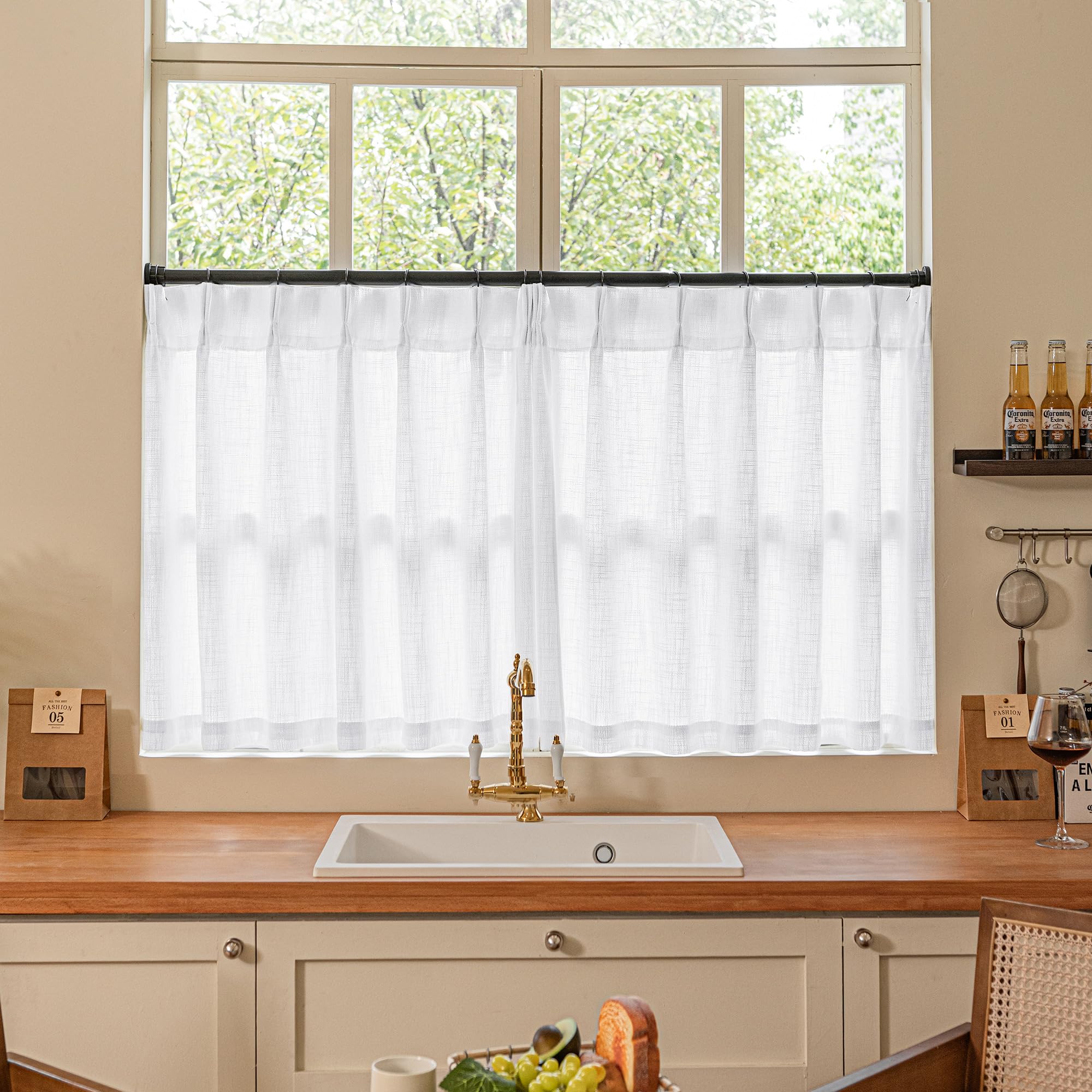 90 Inch Pinch Pleated Linen Curtains 2 Panel Set for Living Room Cream Natural Thick Linen Textured Drapes 90 Inches Long Pinch Pleat Drapes Birch Ivory Semi Sheer Curtain for Dining Bedroom Office
