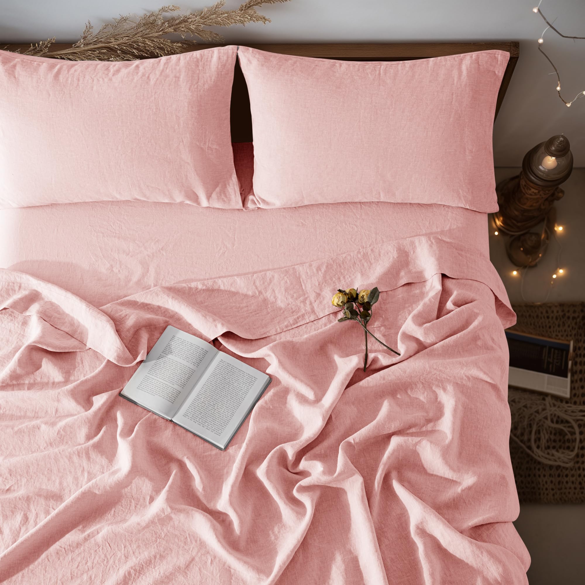 LBRO2M 100% Pure Linen Sheet Set Deep Pocket Up to 16" Bed Sheets Sets, Natural Flax Beddings Soft, Breathable, Comfortable for All Seasons 4 Pcs Sheet Set Queen Size, Linen