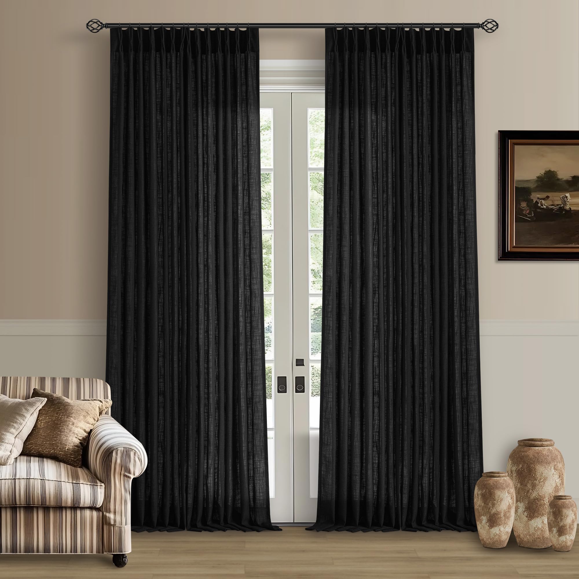 90 Inch Pinch Pleated Linen Curtains 2 Panel Set for Living Room Cream Natural Thick Linen Textured Drapes 90 Inches Long Pinch Pleat Drapes Birch Ivory Semi Sheer Curtain for Dining Bedroom Office