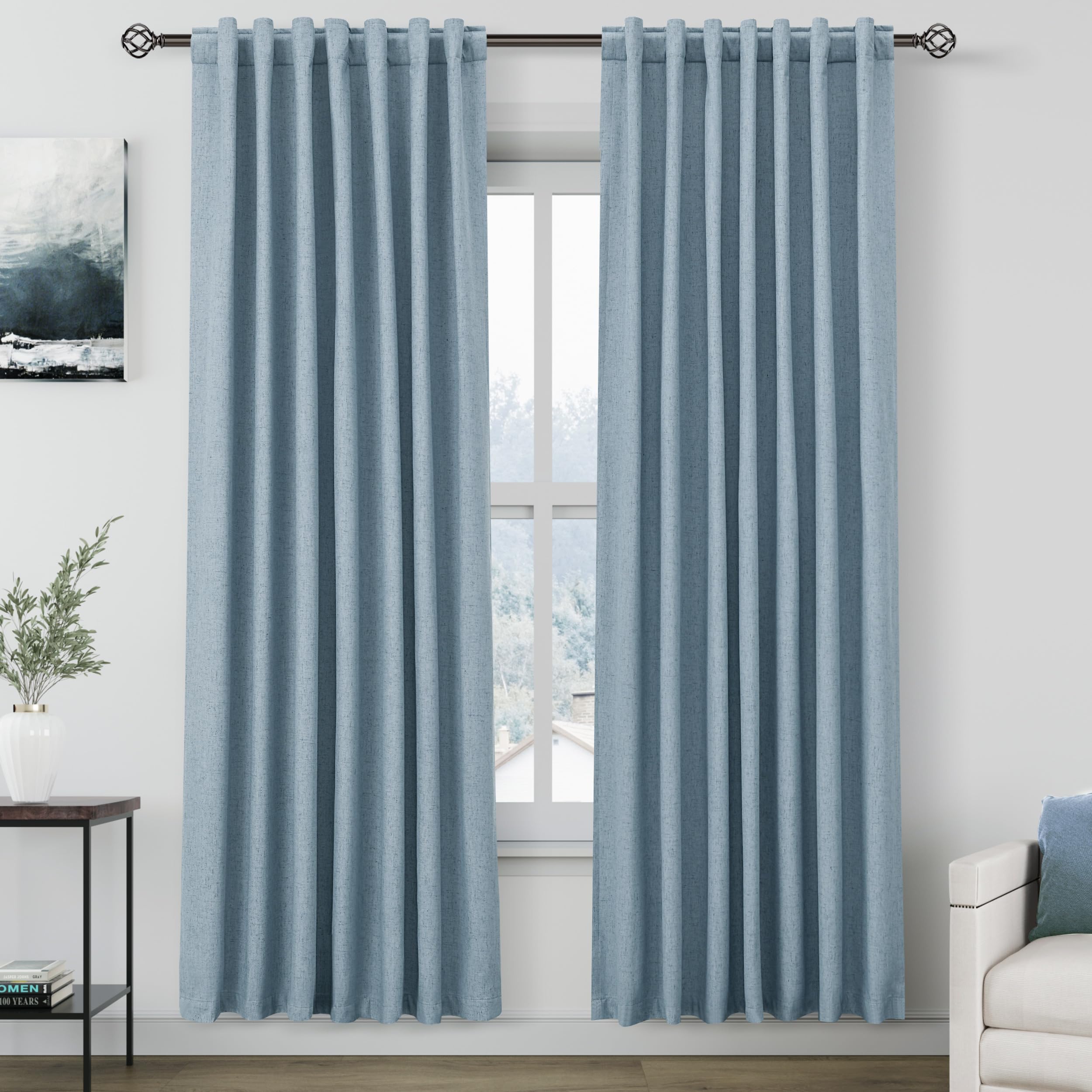 Nanspring Light Grey 100% Blackout Linen Curtains for Bedroom 90 Inches Long Back Tab Thermal Insulated Modern Luxury Simple Black Out Curtain for Living Room Dining Room Drapes 52x90, 2 Panels