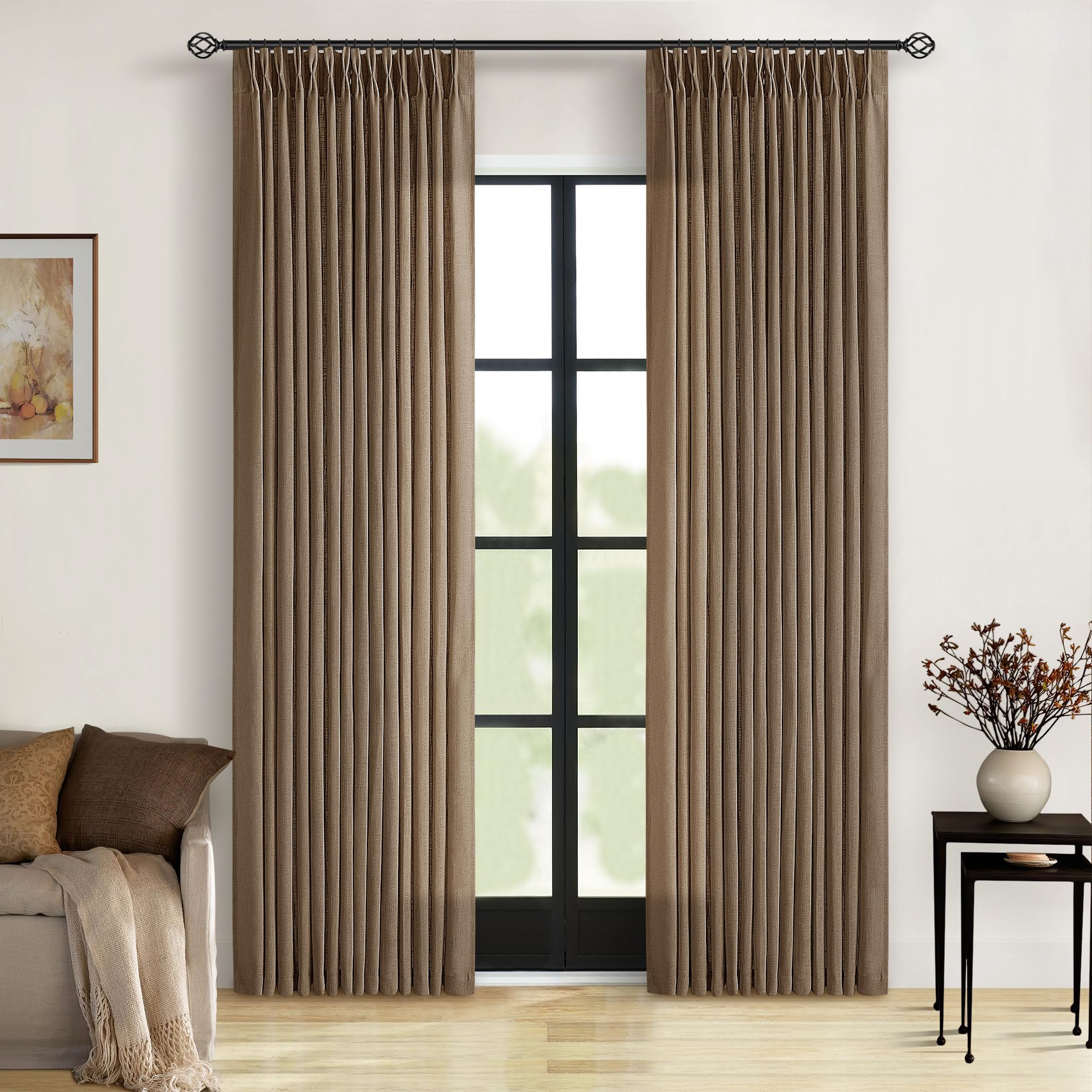 90 Inch Pinch Pleated Linen Curtains 2 Panel Set for Living Room Cream Natural Thick Linen Textured Drapes 90 Inches Long Pinch Pleat Drapes Birch Ivory Semi Sheer Curtain for Dining Bedroom Office
