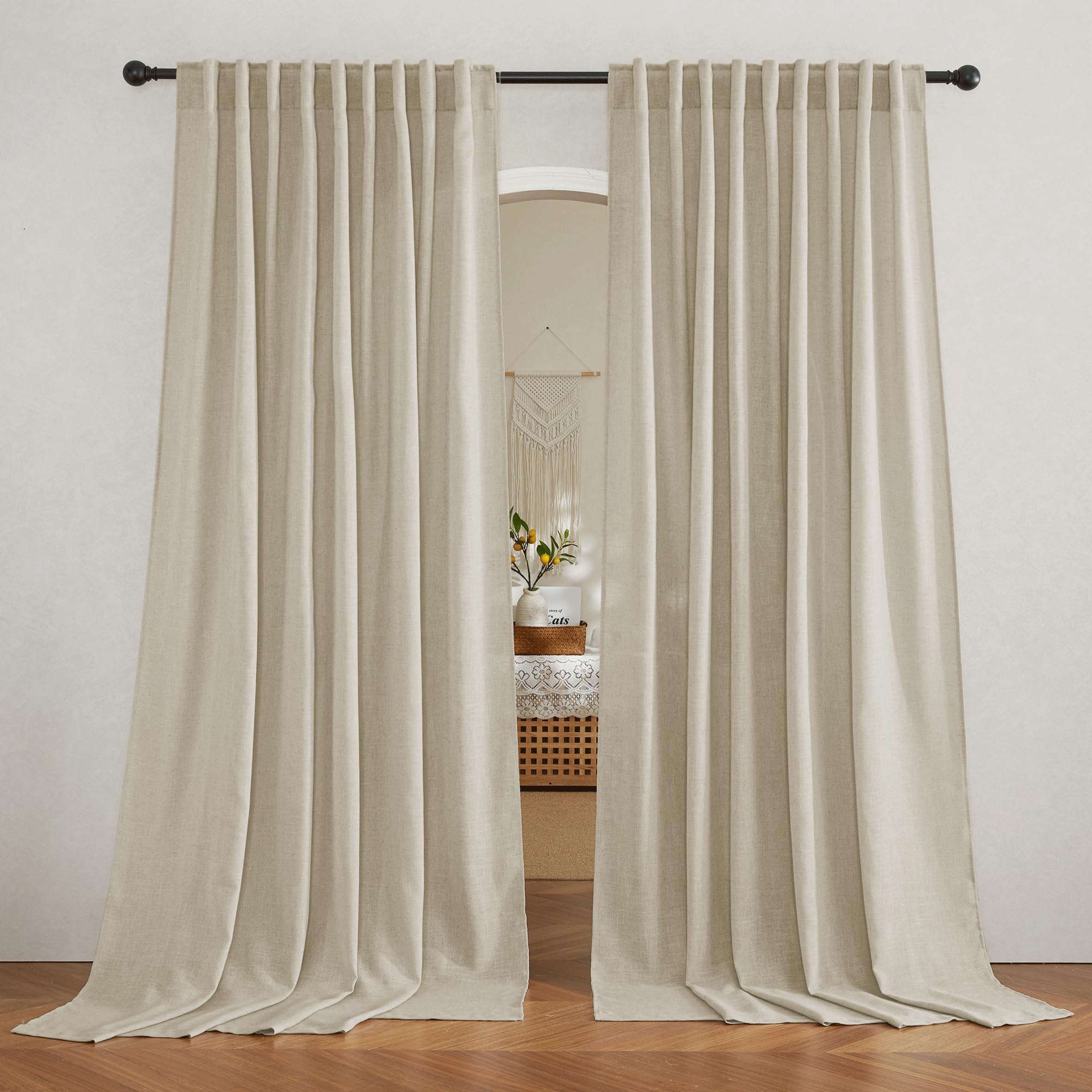 RYB HOME Farmhouse Sheer Curtains 108 inch Length, Semi Sheer Curtain & Drapes Large Window Dressing Lights & Winds Filter for Bedroom Home Office Living Room, Linen, W 70 x L 108 inch Long, 1 Pair
