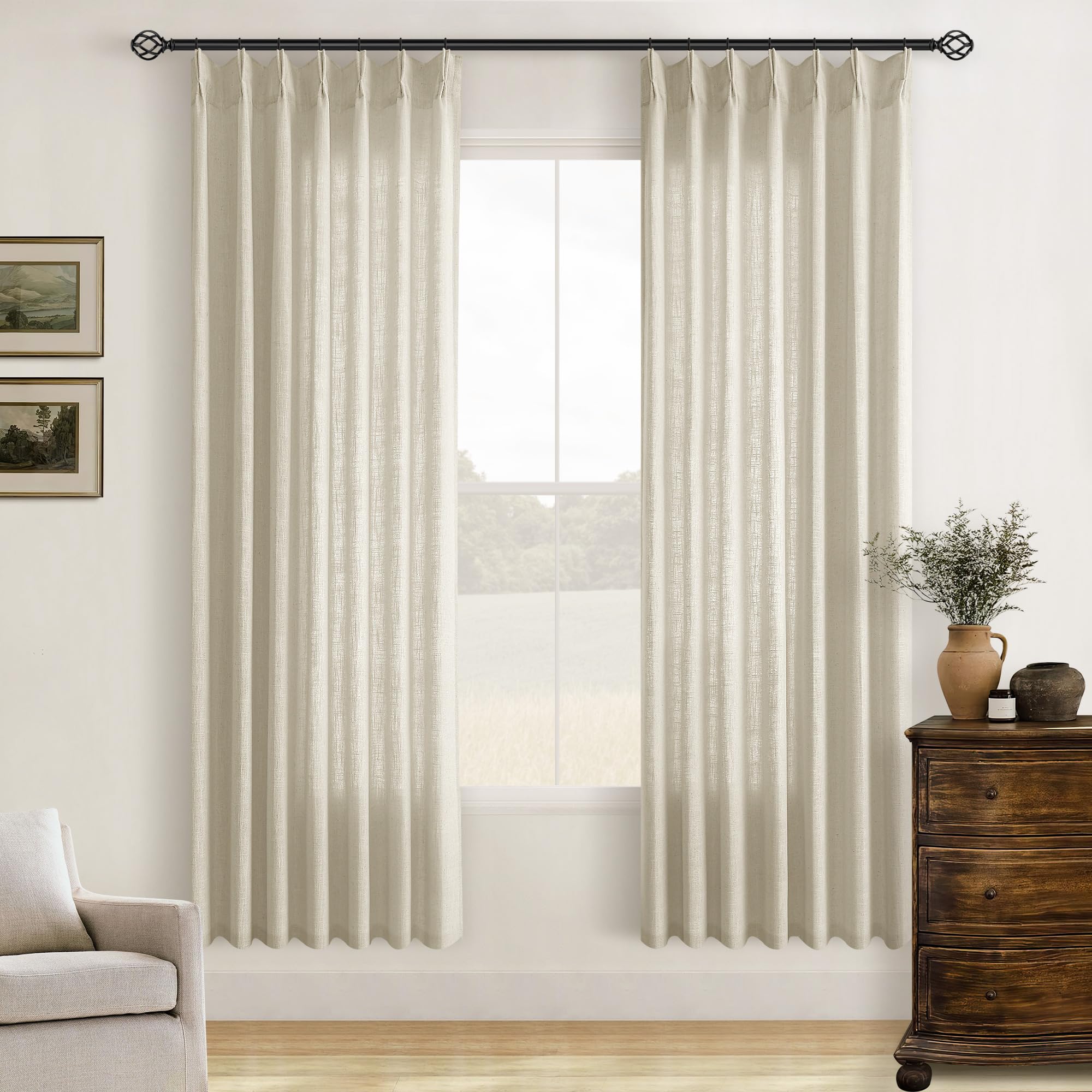 90 Inch Pinch Pleated Linen Curtains 2 Panel Set for Living Room Cream Natural Thick Linen Textured Drapes 90 Inches Long Pinch Pleat Drapes Birch Ivory Semi Sheer Curtain for Dining Bedroom Office