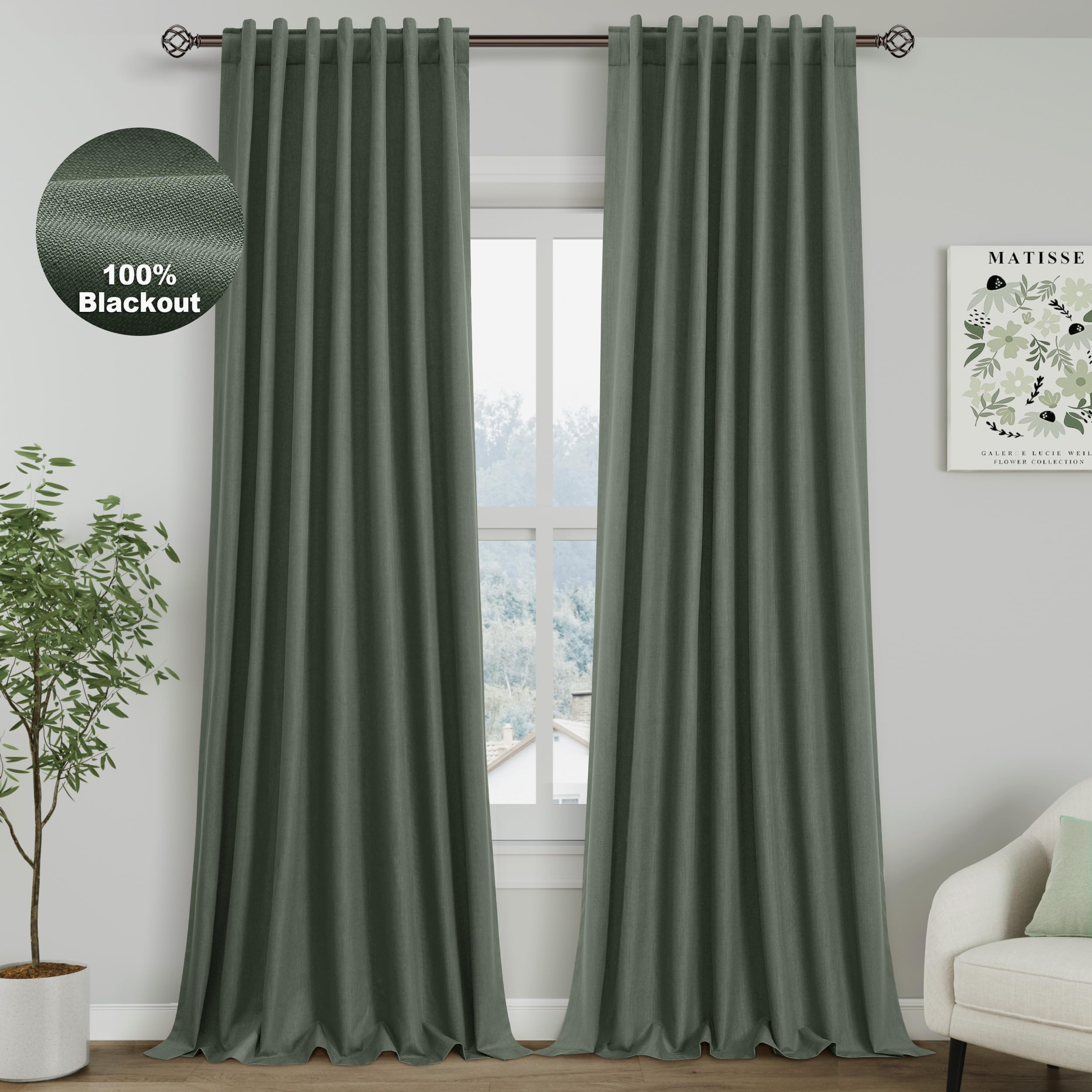 Nanspring Light Grey 100% Blackout Linen Curtains for Bedroom 90 Inches Long Back Tab Thermal Insulated Modern Luxury Simple Black Out Curtain for Living Room Dining Room Drapes 52x90, 2 Panels