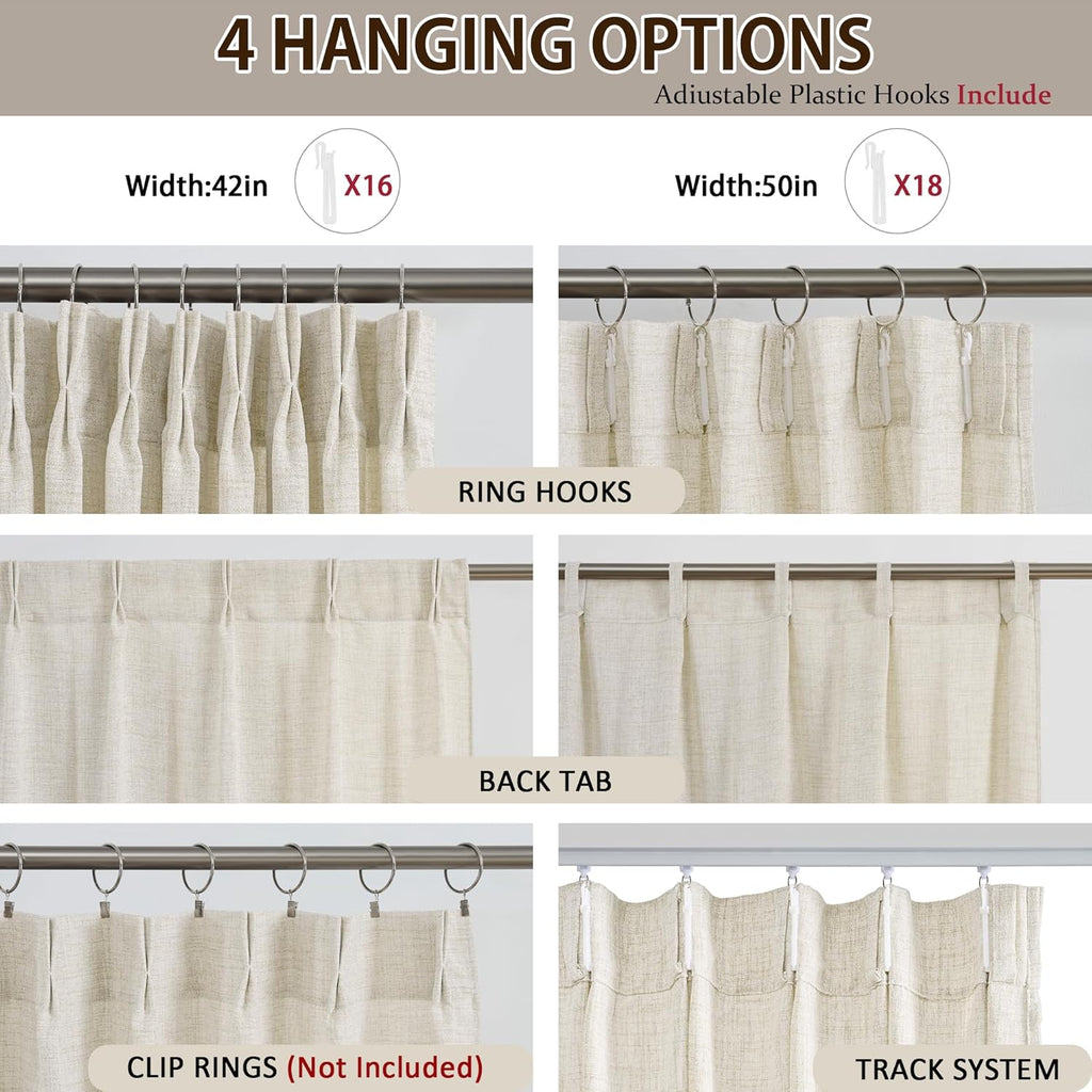 RAIN CITY 102 Inch Curtains Pinch Pleated 2 Panels Set, Back Tab with Hooks Semi Sheer Linen Curtains for Living Room Primitive Window Drapes for Sliding Door Sand Beach Decor 42 Each Wide