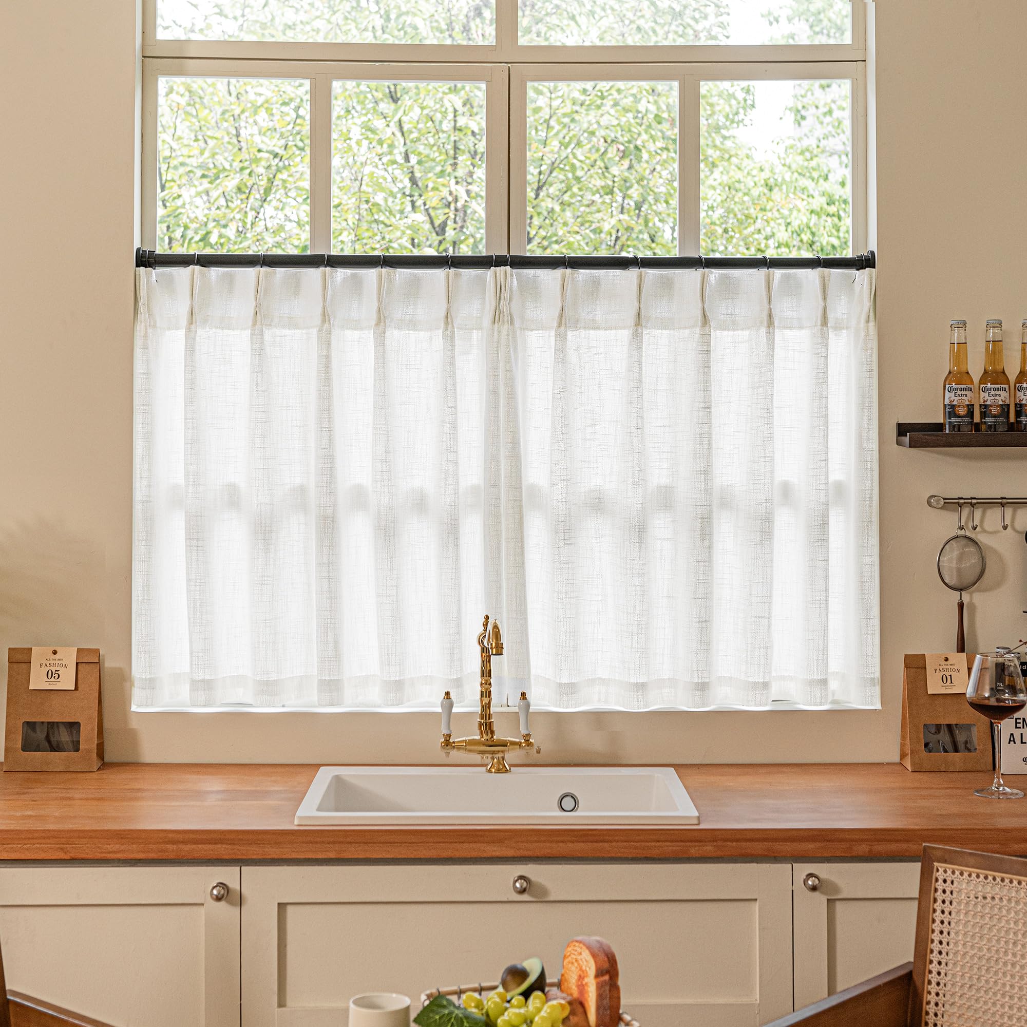 90 Inch Pinch Pleated Linen Curtains 2 Panel Set for Living Room Cream Natural Thick Linen Textured Drapes 90 Inches Long Pinch Pleat Drapes Birch Ivory Semi Sheer Curtain for Dining Bedroom Office