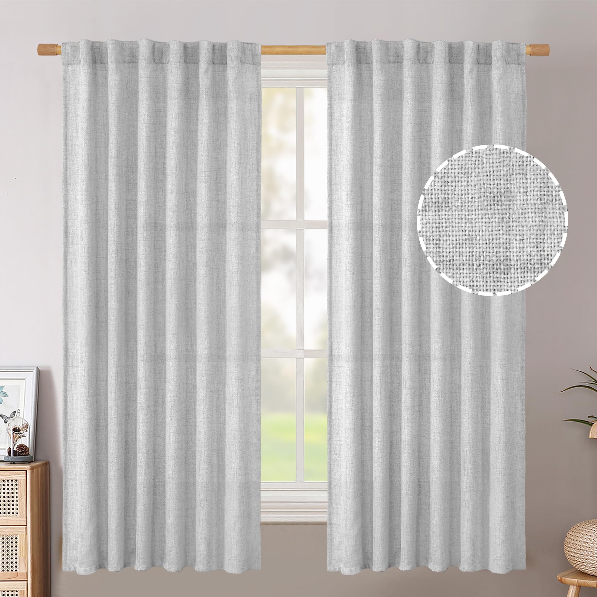 BGment Long 102 Inch Length Linen Curtains for Living Room, Natural Rod Pocket Textured Burlap Drapes Rustic Country Light Filtering for Bedroom Semi Sheer Back Tab, 2 Panel, 52 Inch Wide Each Panel