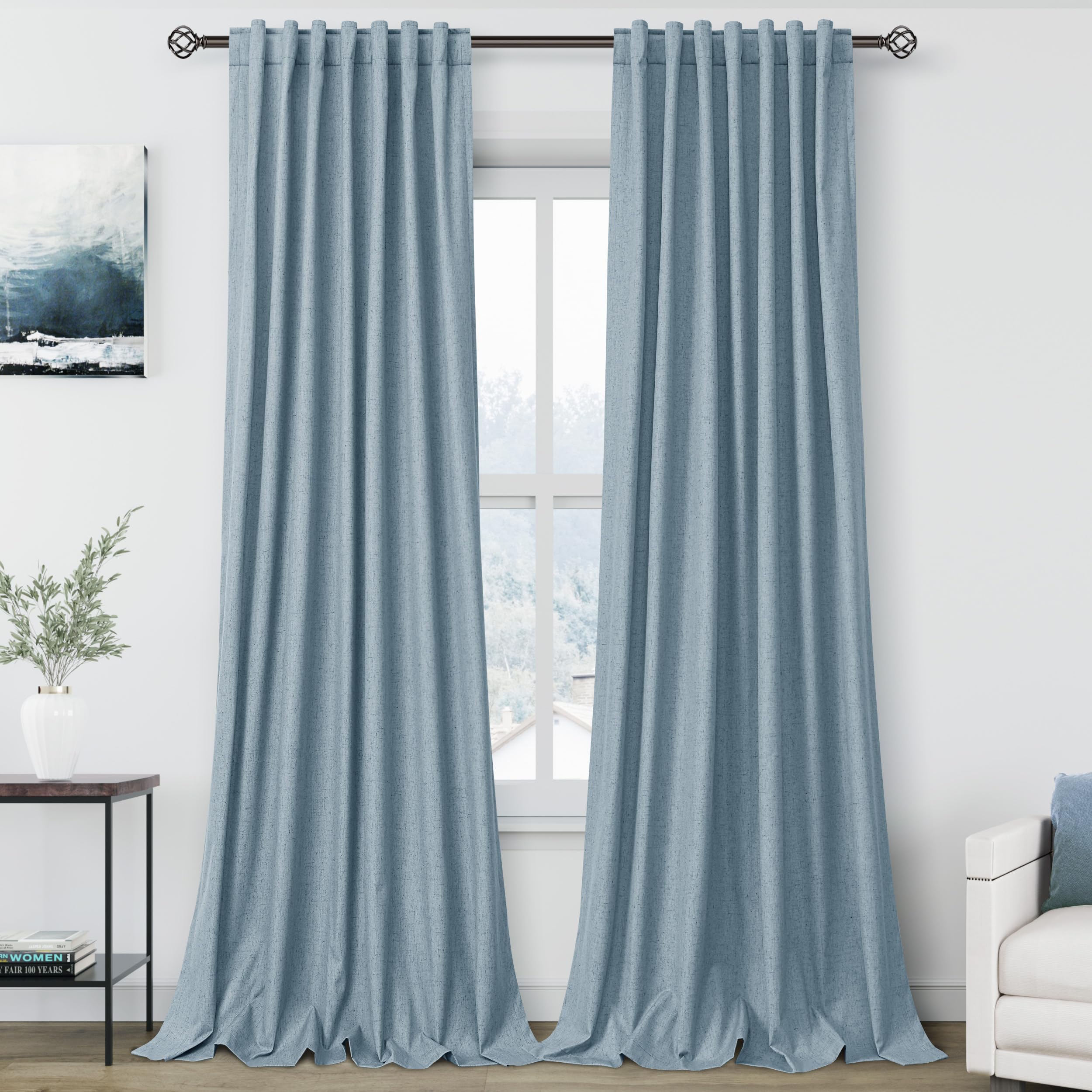 Nanspring Light Grey 100% Blackout Linen Curtains for Bedroom 90 Inches Long Back Tab Thermal Insulated Modern Luxury Simple Black Out Curtain for Living Room Dining Room Drapes 52x90, 2 Panels