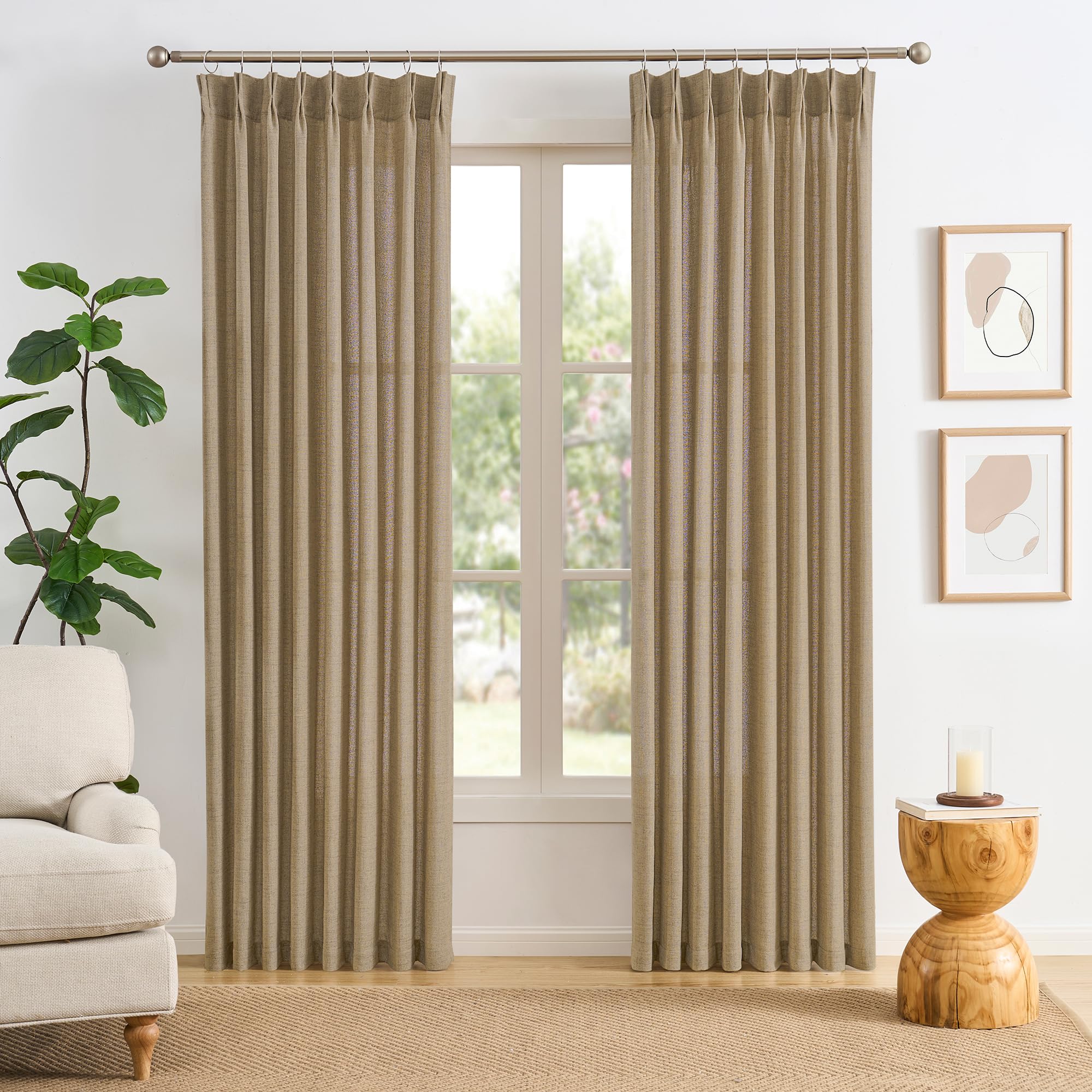 RAIN CITY 102 Inch Curtains Pinch Pleated 2 Panels Set, Back Tab with Hooks Semi Sheer Linen Curtains for Living Room Primitive Window Drapes for Sliding Door Sand Beach Decor 42 Each Wide