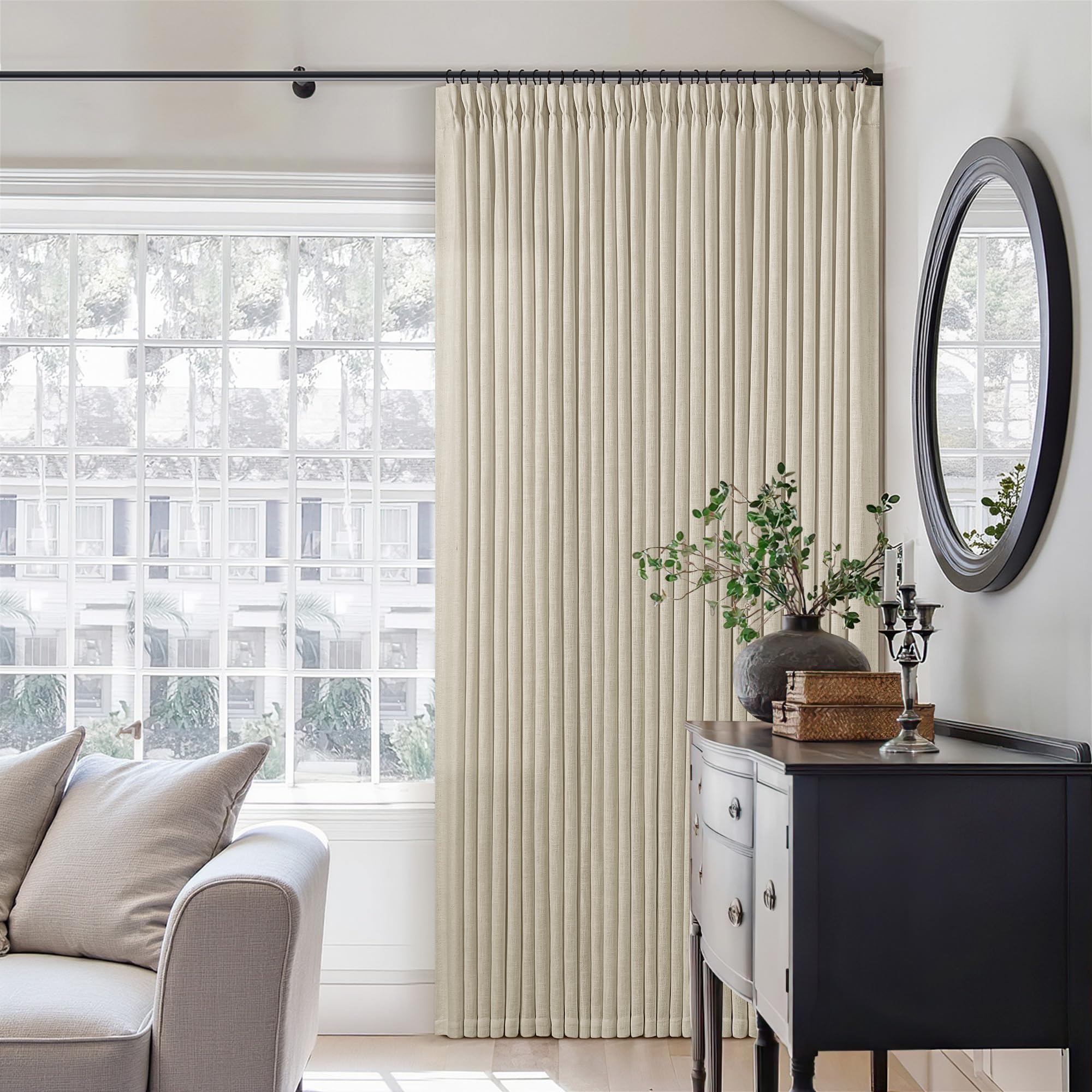 90 Inch Pinch Pleated Linen Curtains 2 Panel Set for Living Room Cream Natural Thick Linen Textured Drapes 90 Inches Long Pinch Pleat Drapes Birch Ivory Semi Sheer Curtain for Dining Bedroom Office