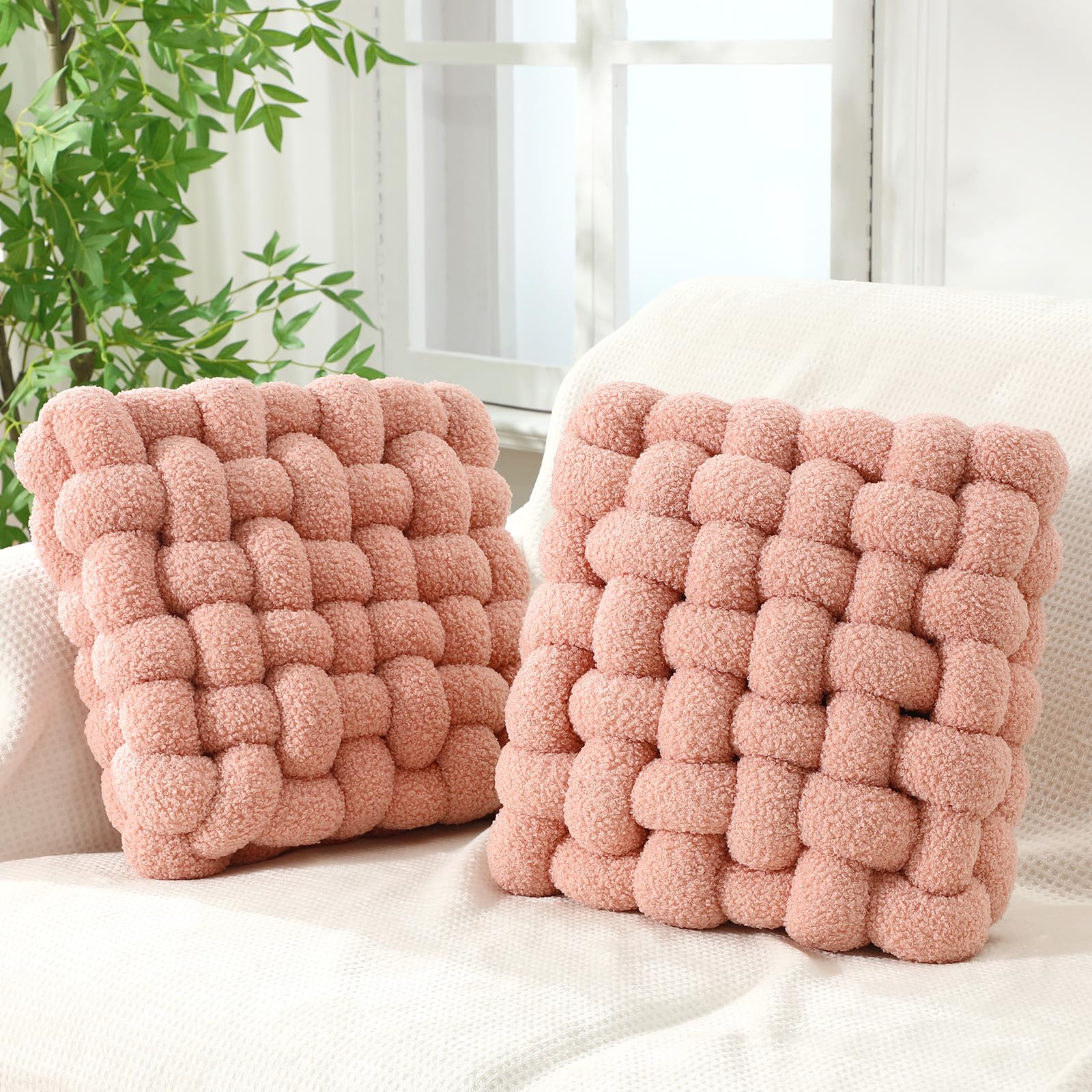 Wenqik 2 Pcs Knot Pillows Square Knotted Plush Throws Soft Accent Pillows Decoration Cushion for Couch Home Office Living Room Bedroom Bed Sofa Decor, 12'' x 13''(Cream White,Lambswool)
