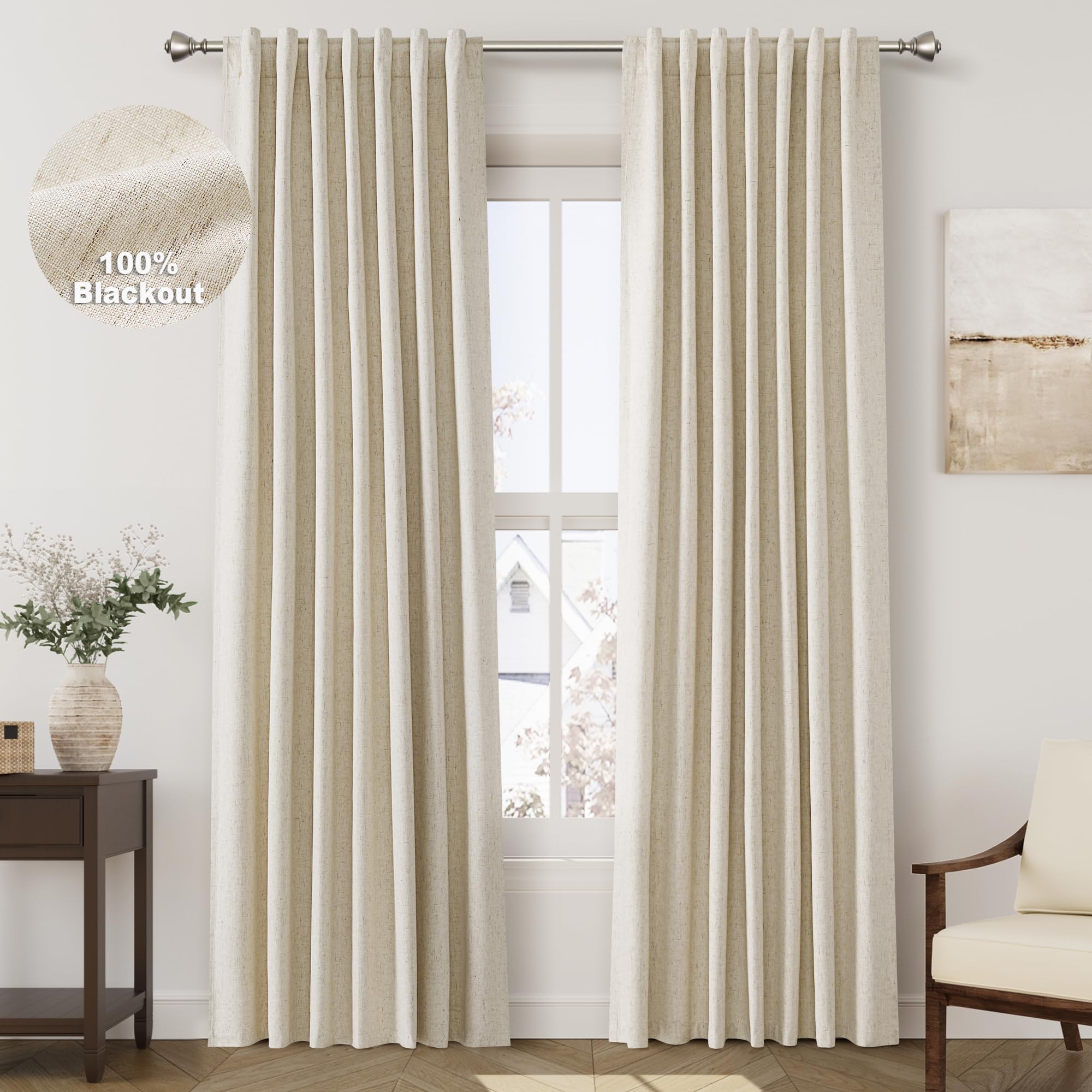 Nanspring Light Grey 100% Blackout Linen Curtains for Bedroom 90 Inches Long Back Tab Thermal Insulated Modern Luxury Simple Black Out Curtain for Living Room Dining Room Drapes 52x90, 2 Panels