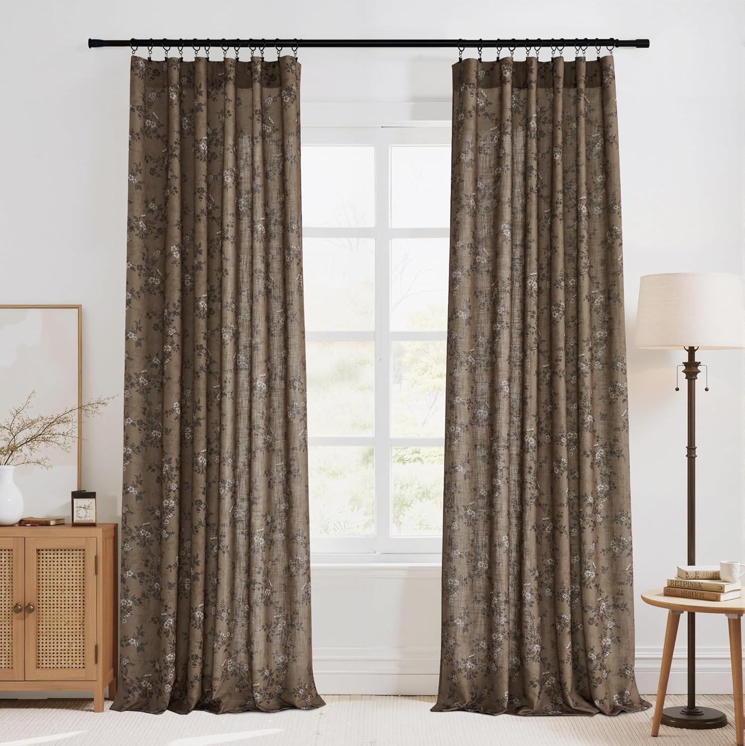 StangH Extra Long Vintage Curtains 108 Inch Long, Butterfly Pattern Linen Blend Drapes, Moody Retro Botanical Light Filtering Window Curtains for Living Room, Khaki, W52 x L108, 2 Panels