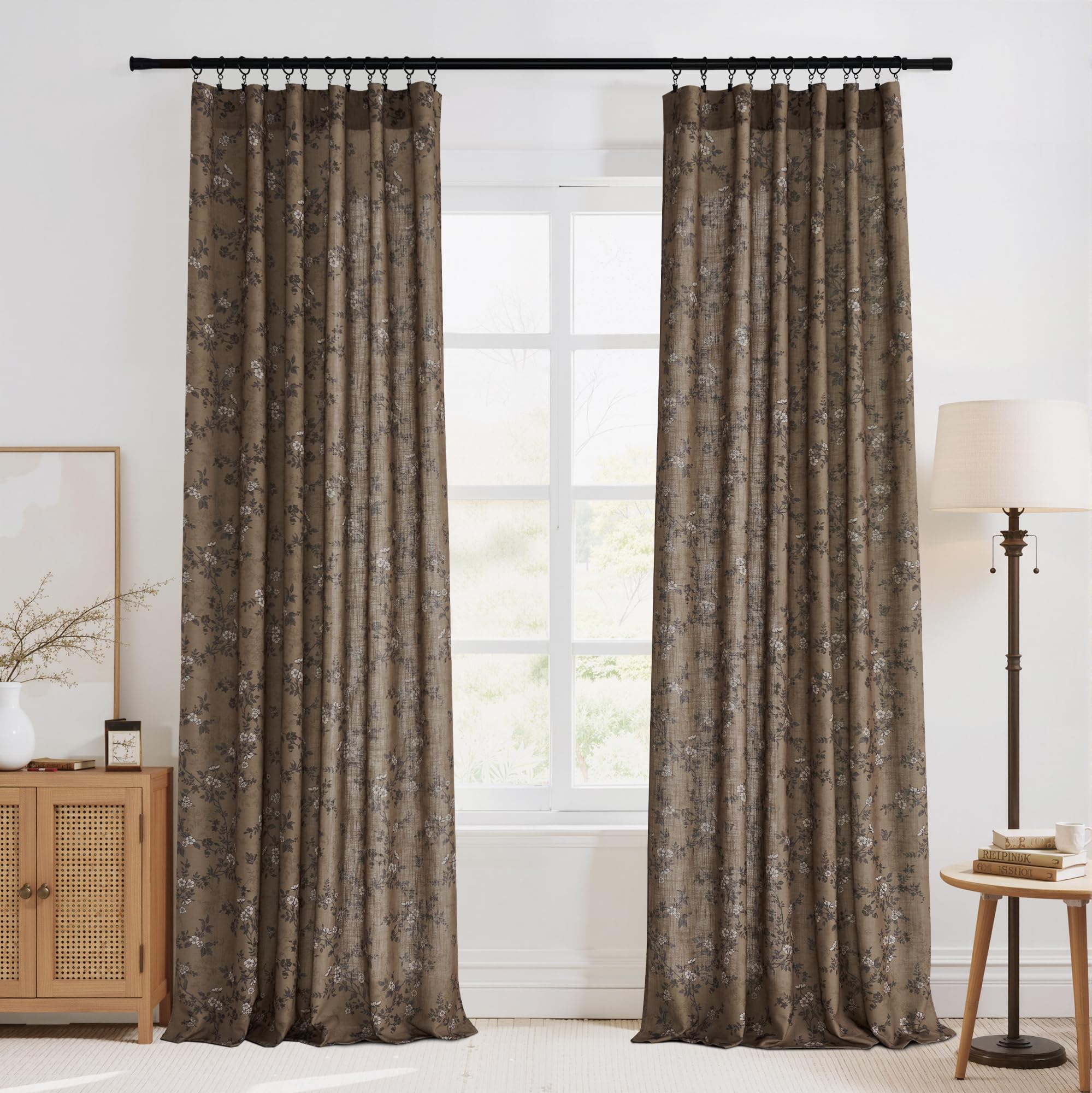StangH Extra Long Vintage Curtains 108 Inch Long, Butterfly Pattern Linen Blend Drapes, Moody Retro Botanical Light Filtering Window Curtains for Living Room, Khaki, W52 x L108, 2 Panels