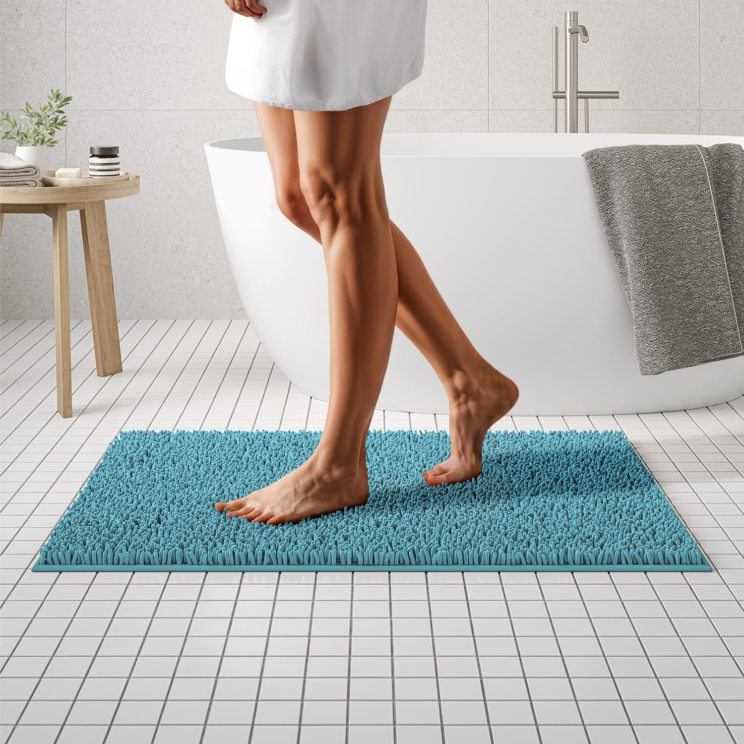 MAYSHINE Plush Shaggy Chenille Bath Mat | Extra Soft, Super Absorbent, Non-Slip Bathroom Rug | Fluffy Microfiber, Area Rug Sets for Bathroom Floor, Kitchen, Living Room | 59"x31" | Beige
