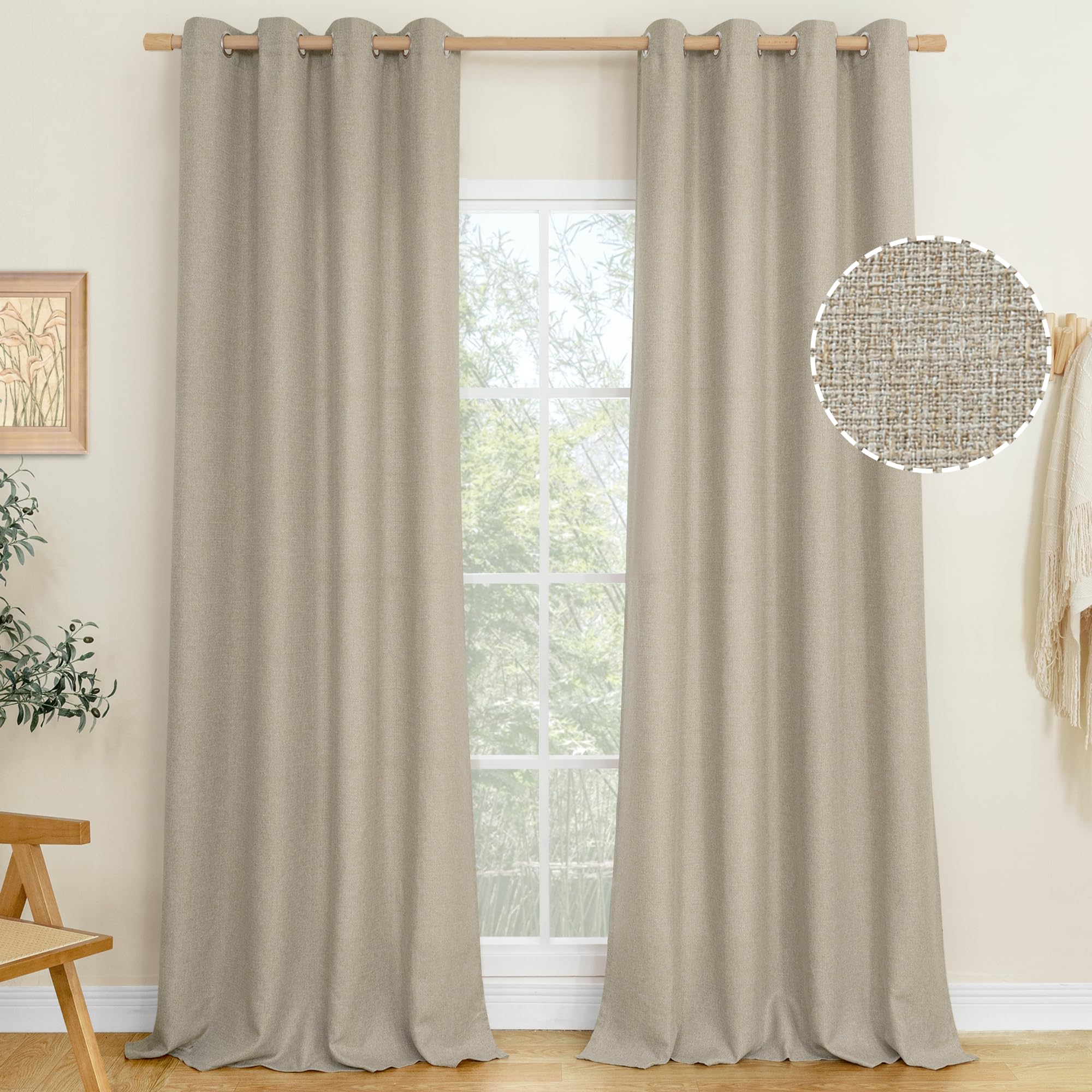 LAMIT Natural Beige Linen Curtains for Bedroom, 84 inches Grommet Thermal Insulated Thick Burlap Farmhouse Neutral Curtains Noise Reducing Light Filtering Drapes for Living Room, 2 Panels, W60 x L84