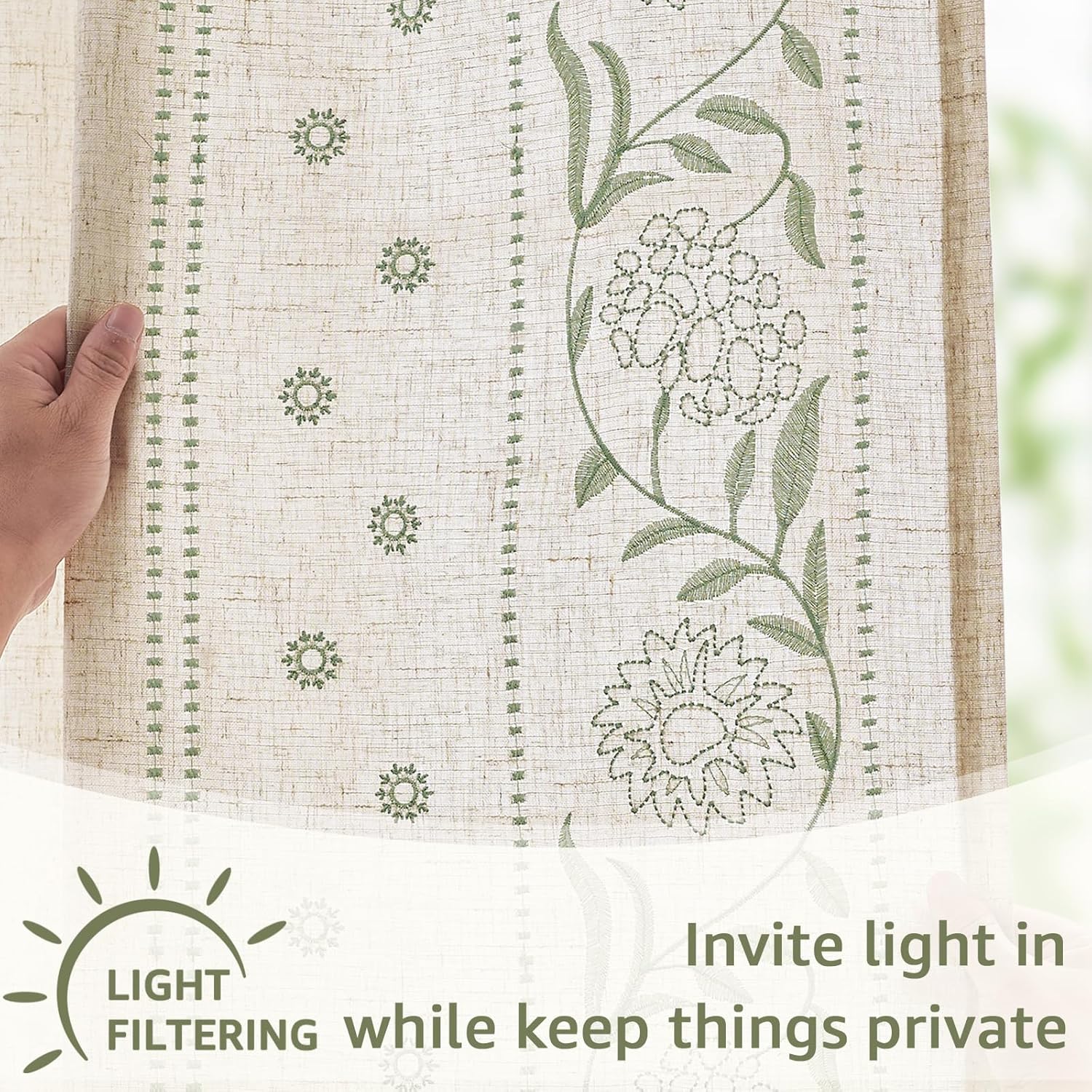 jinchan Winslow Linen Curtains for Bedroom 84 Inches Length Embroidered Bordered Floral Curtains for Living Room Farmhouse Decor Light Filtering Window Treatments Sage on Beige Drapes 2 Panels