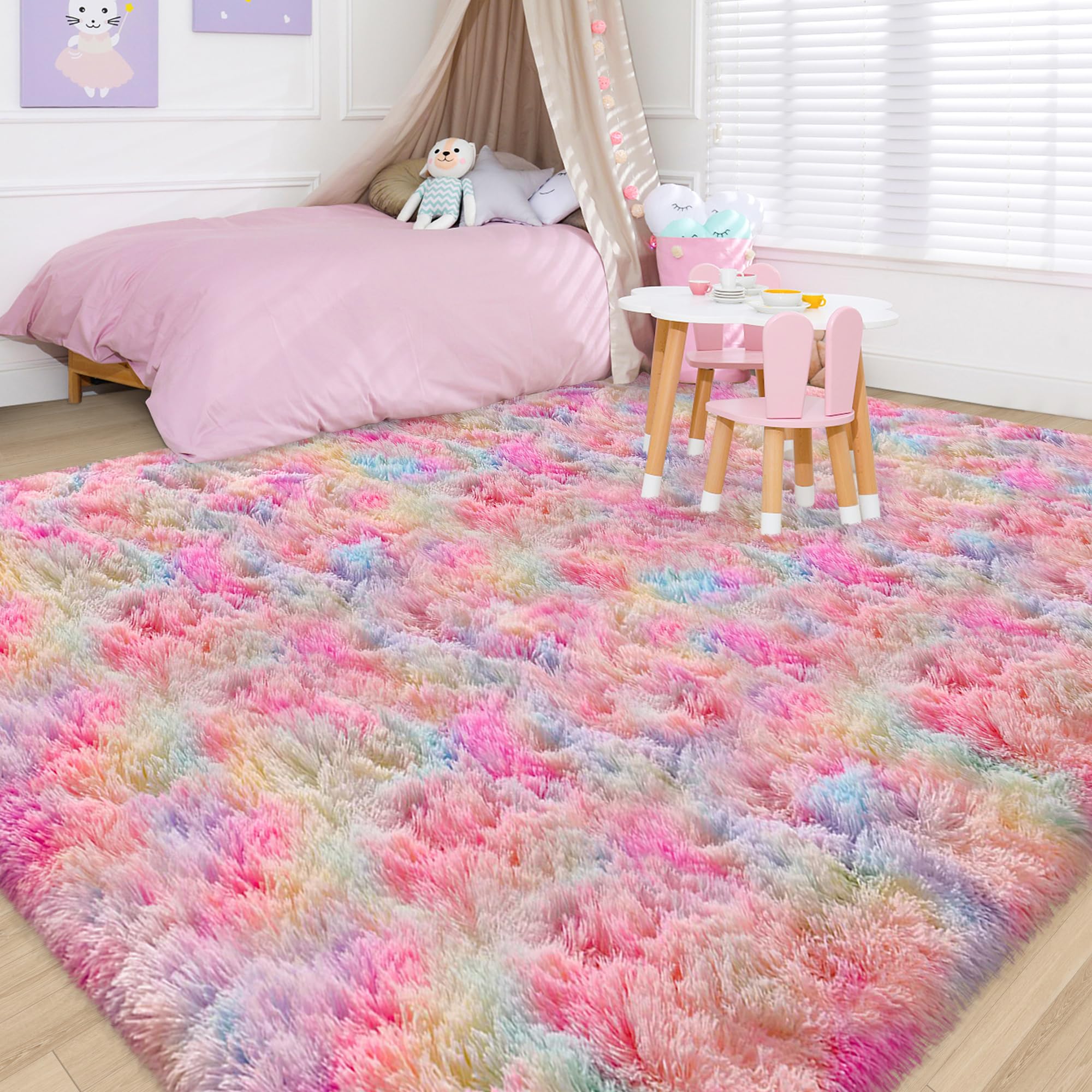5x8 Ft Light Grey Large Area Rugs for Bedroom,Fluffy Furry Rug Floor Carpets Shaggy Playing Mat for Kids Baby Girls Room Nursery Home Decor Tie Dyed Gray Thick Rugs Fuzzy Home Decor