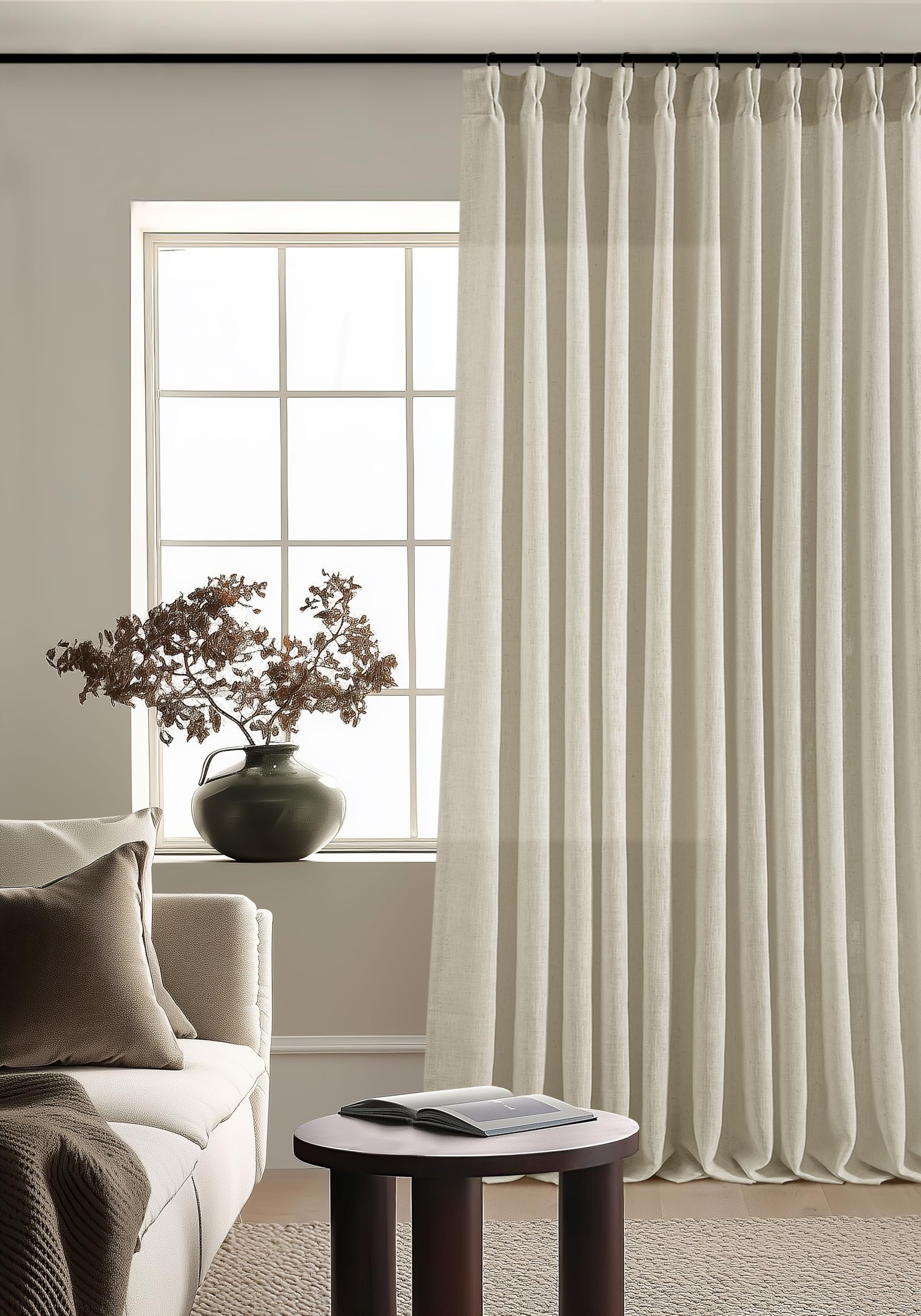 90 Inch Pinch Pleated Linen Curtains 2 Panel Set for Living Room Cream Natural Thick Linen Textured Drapes 90 Inches Long Pinch Pleat Drapes Birch Ivory Semi Sheer Curtain for Dining Bedroom Office