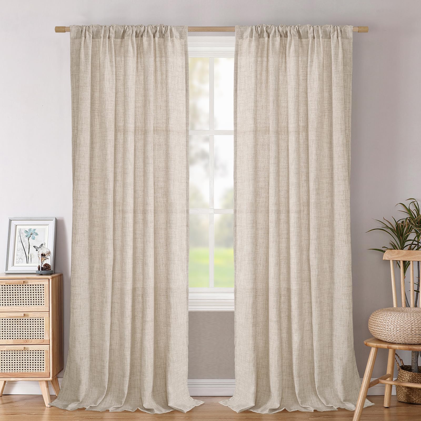 BGment Long 102 Inch Length Linen Curtains for Living Room, Natural Rod Pocket Textured Burlap Drapes Rustic Country Light Filtering for Bedroom Semi Sheer Back Tab, 2 Panel, 52 Inch Wide Each Panel