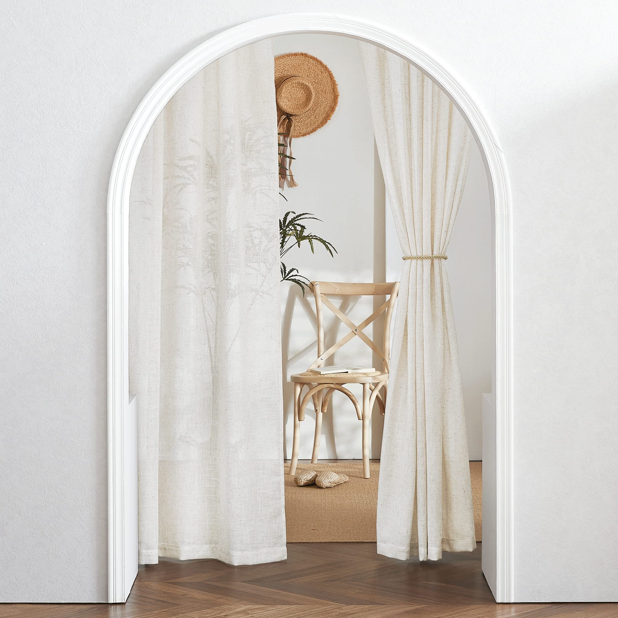 RYB HOME Farmhouse Sheer Curtains 108 inch Length, Semi Sheer Curtain & Drapes Large Window Dressing Lights & Winds Filter for Bedroom Home Office Living Room, Linen, W 70 x L 108 inch Long, 1 Pair