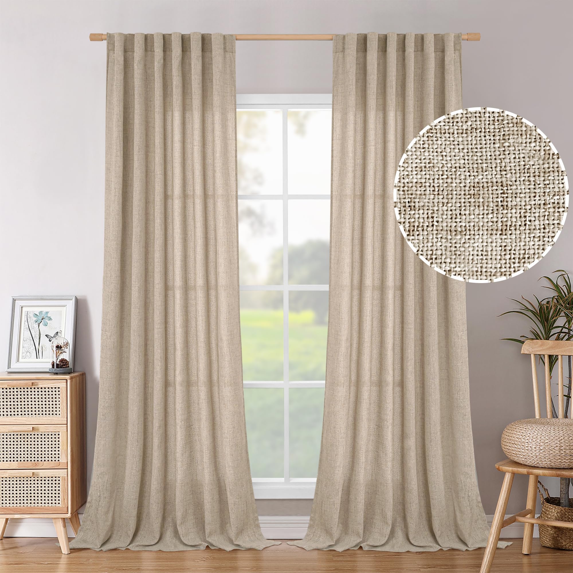 BGment Long 102 Inch Length Linen Curtains for Living Room, Natural Rod Pocket Textured Burlap Drapes Rustic Country Light Filtering for Bedroom Semi Sheer Back Tab, 2 Panel, 52 Inch Wide Each Panel