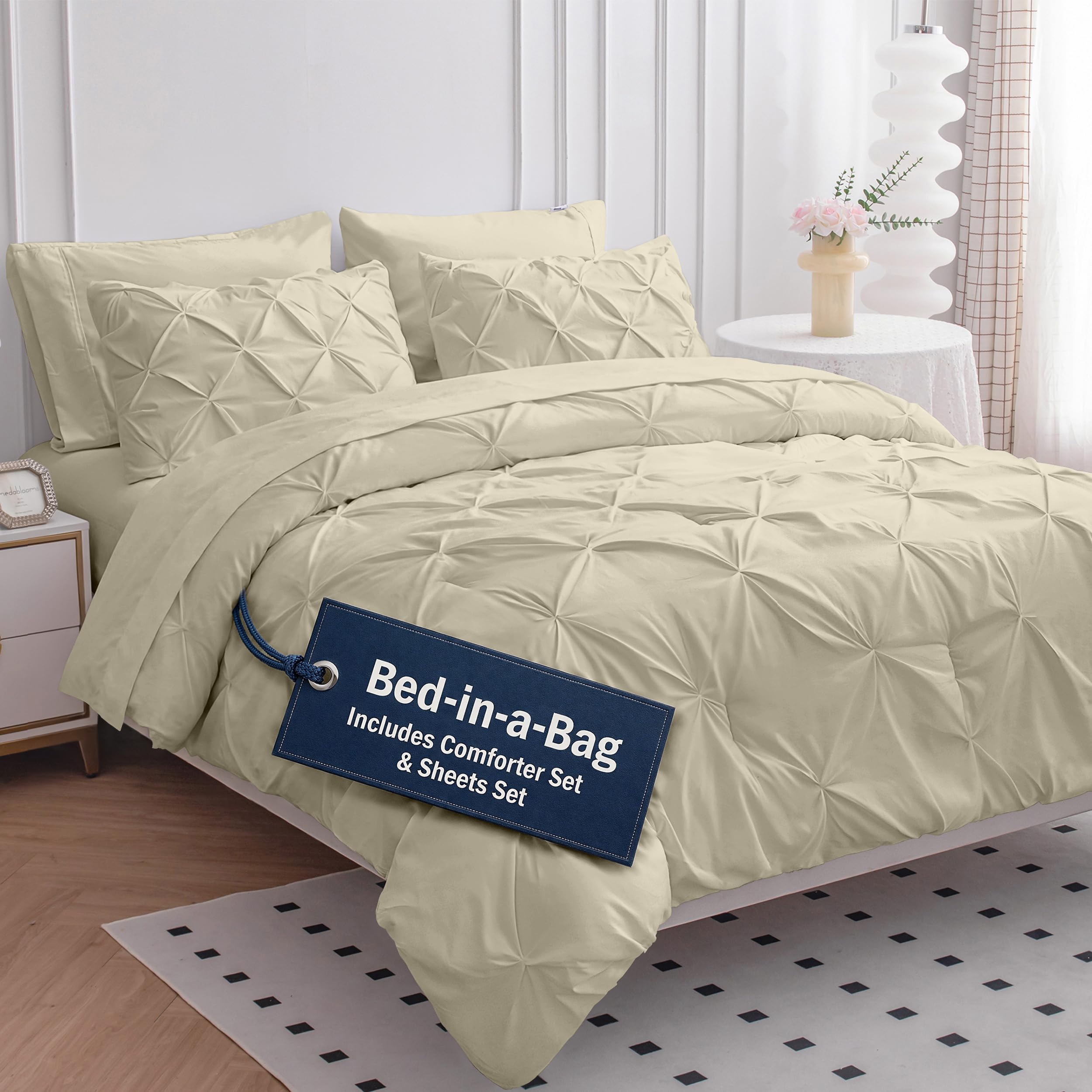 LANE LINEN Full Size Bed Comforter - 7 Piece - Refined Pintuck Finish for Hotel Style Bedding - Breathable Microfiber Bed in a Bag Comforter - Ideal for Apartments & First Homes - French Blue | Hotel sleep feel