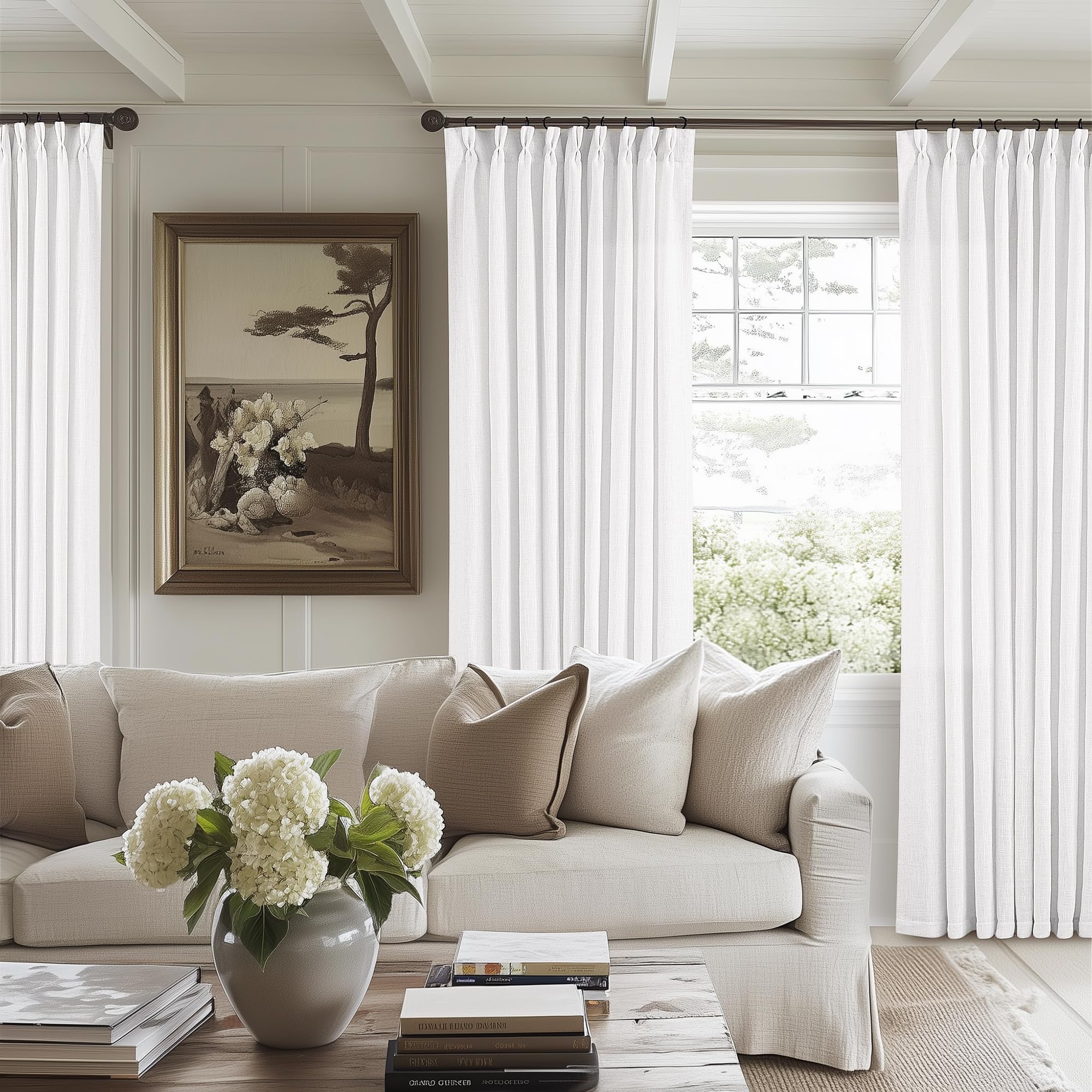 90 Inch Pinch Pleated Linen Curtains 2 Panel Set for Living Room Cream Natural Thick Linen Textured Drapes 90 Inches Long Pinch Pleat Drapes Birch Ivory Semi Sheer Curtain for Dining Bedroom Office