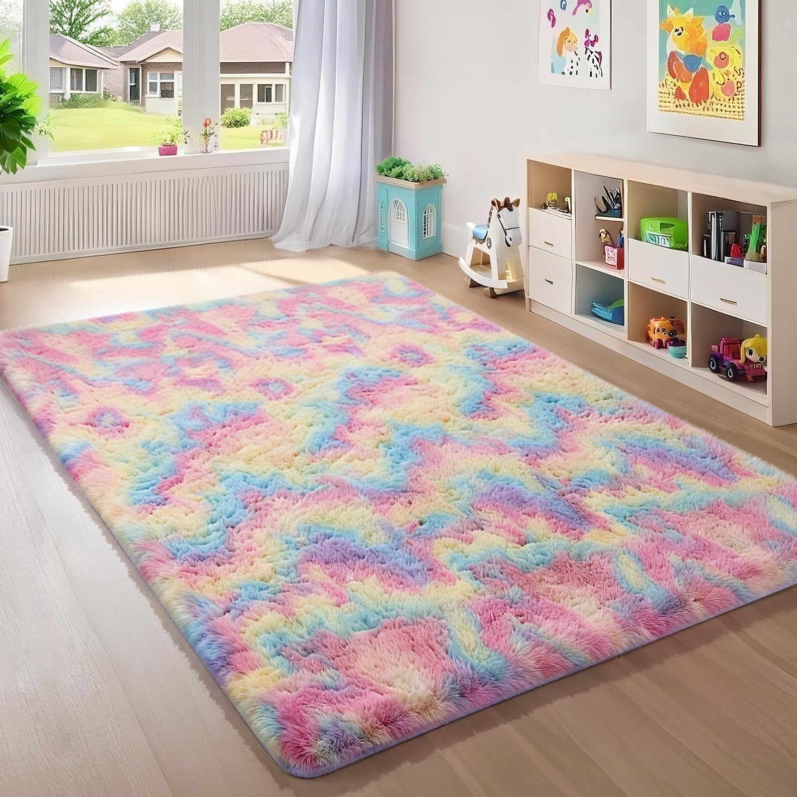 Ophanie Beige Rugs for Living Room Bedroom, 5x8 Fluffy Fuzzy Furry Carpet, Plush Soft Shaggy Bedside Indoor Floor Area Rug for Kids Girls Boys Baby Teen Dorm Nursery Home Decor Aesthetic