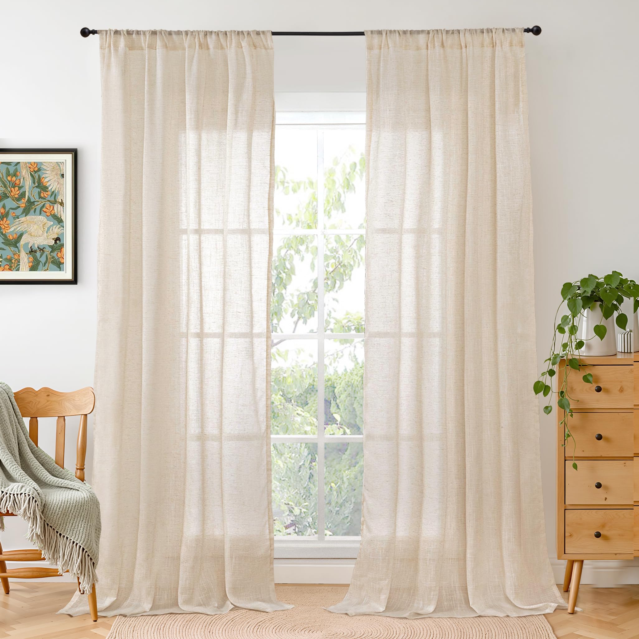 BGment 90 Inches Long Curtains Linen Semi Sheer, Light Filtering Window Treatments Drapes with Rod Pocket Lightweight for Living Room Bedroom, 2 Panels, 52 Inch Wide Each Panel