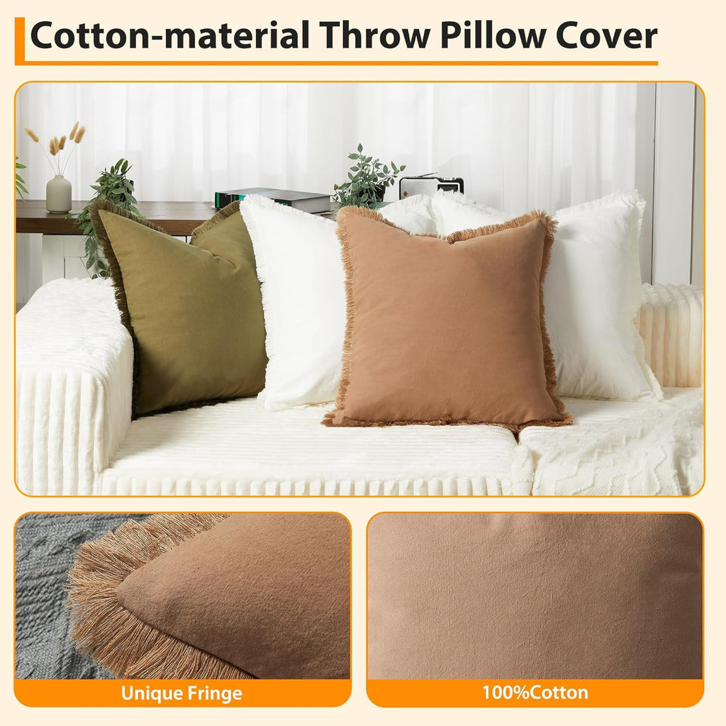 Boho Fringe Throw Pillow Covers Set of 4, Washed Cotton Decorative Square Cushion Cases with Raw Edge Fringe, Neutral Earth Tone Farmhouse Decor Pillow Covers for Sofa Couch Bed Home Decoration