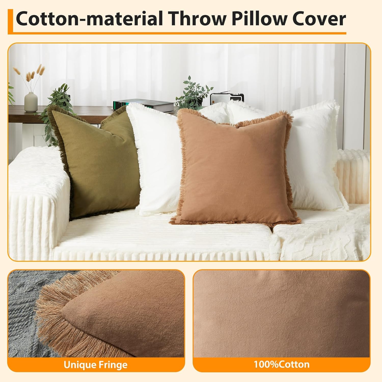 Boho Fringe Throw Pillow Covers Set of 4, Washed Cotton Decorative Square Cushion Cases with Raw Edge Fringe, Neutral Earth Tone Farmhouse Decor Pillow Covers for Sofa Couch Bed Home Decoration