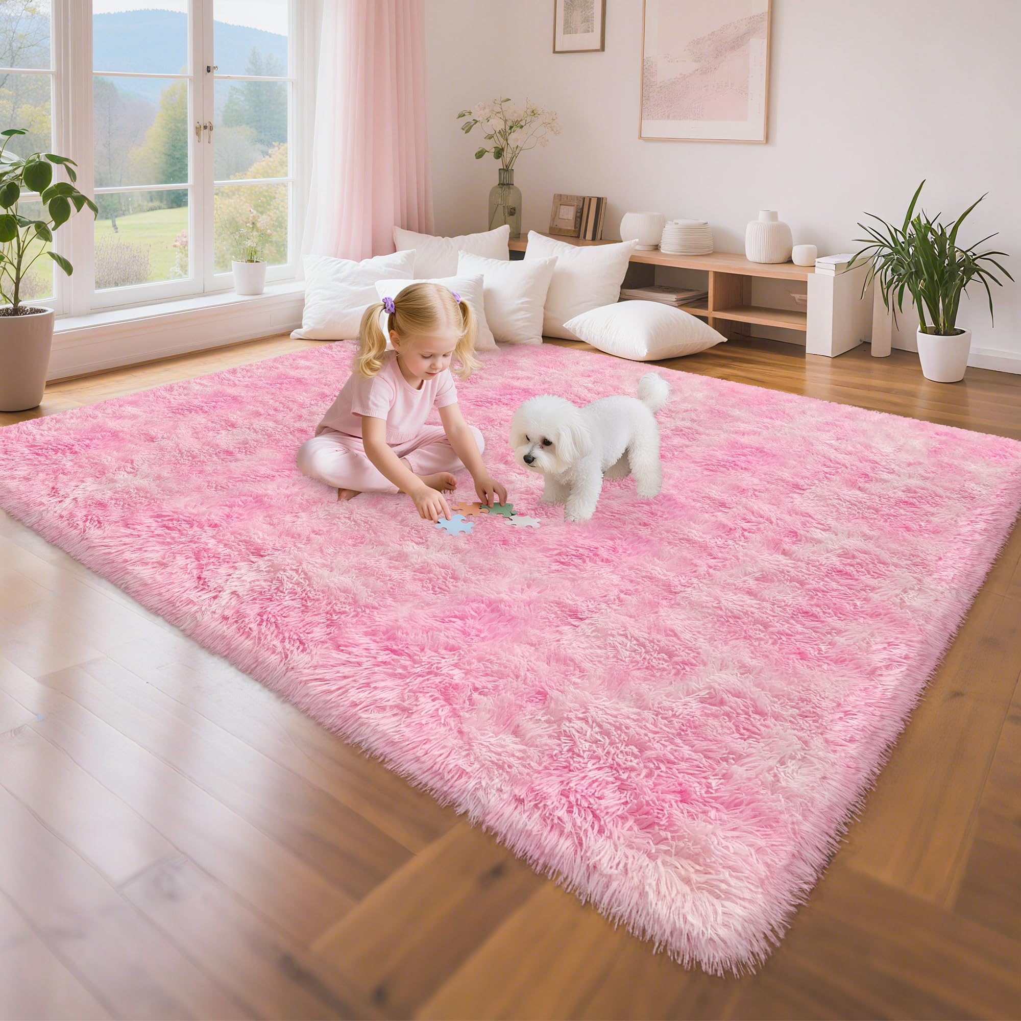 5x8 Ft Light Grey Large Area Rugs for Bedroom,Fluffy Furry Rug Floor Carpets Shaggy Playing Mat for Kids Baby Girls Room Nursery Home Decor Tie Dyed Gray Thick Rugs Fuzzy Home Decor