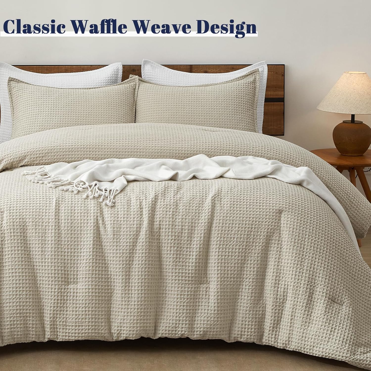 PHF Ultra Soft Waffle Weave Comforter Set Queen Size, 3 Pieces Lightweight Breathable Comfy Bedding Set, Comfy Textured 1 Comforter with 2 Pillow Shams, Linen