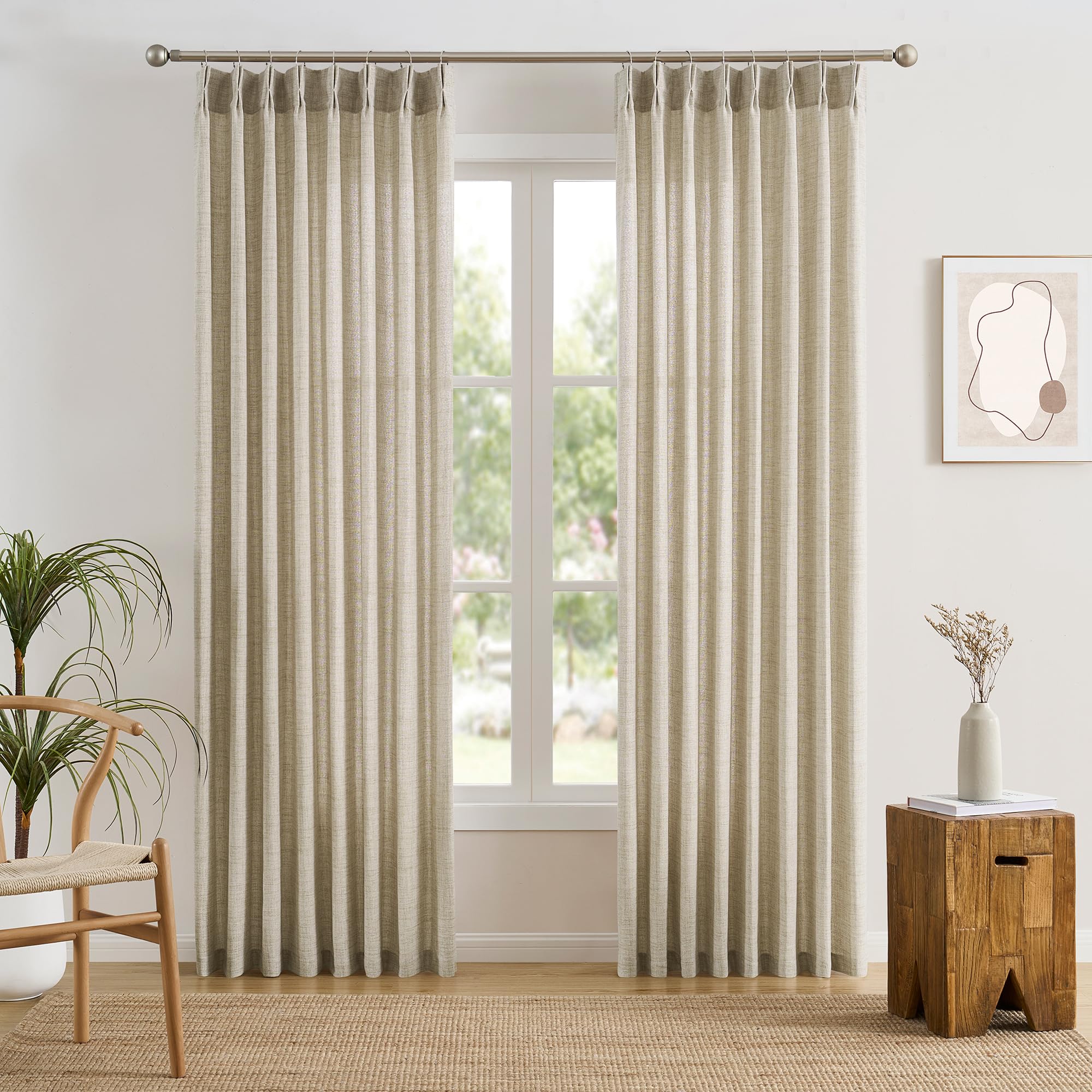 RAIN CITY 102 Inch Curtains Pinch Pleated 2 Panels Set, Back Tab with Hooks Semi Sheer Linen Curtains for Living Room Primitive Window Drapes for Sliding Door Sand Beach Decor 42 Each Wide