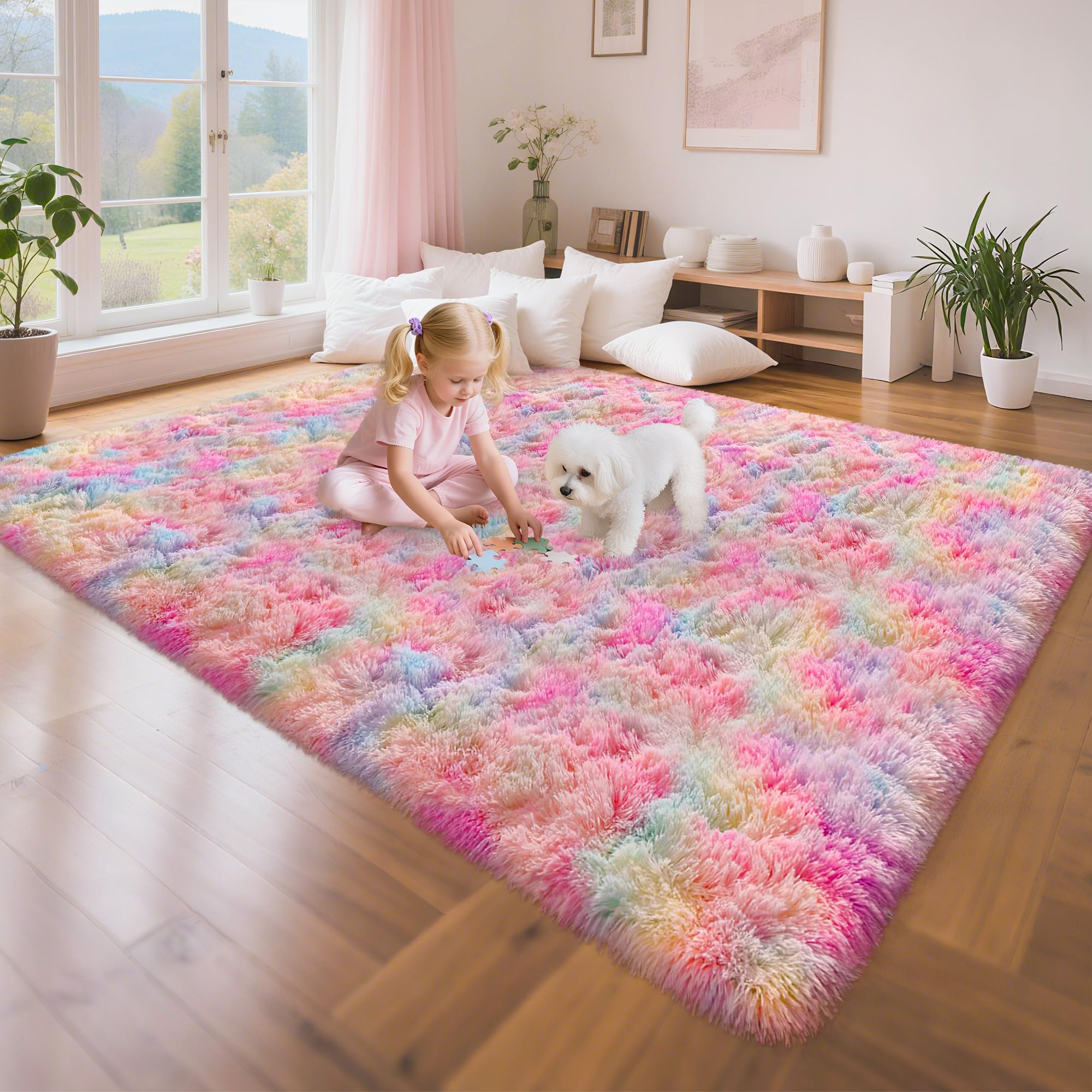 5x8 Ft Light Grey Large Area Rugs for Bedroom,Fluffy Furry Rug Floor Carpets Shaggy Playing Mat for Kids Baby Girls Room Nursery Home Decor Tie Dyed Gray Thick Rugs Fuzzy Home Decor