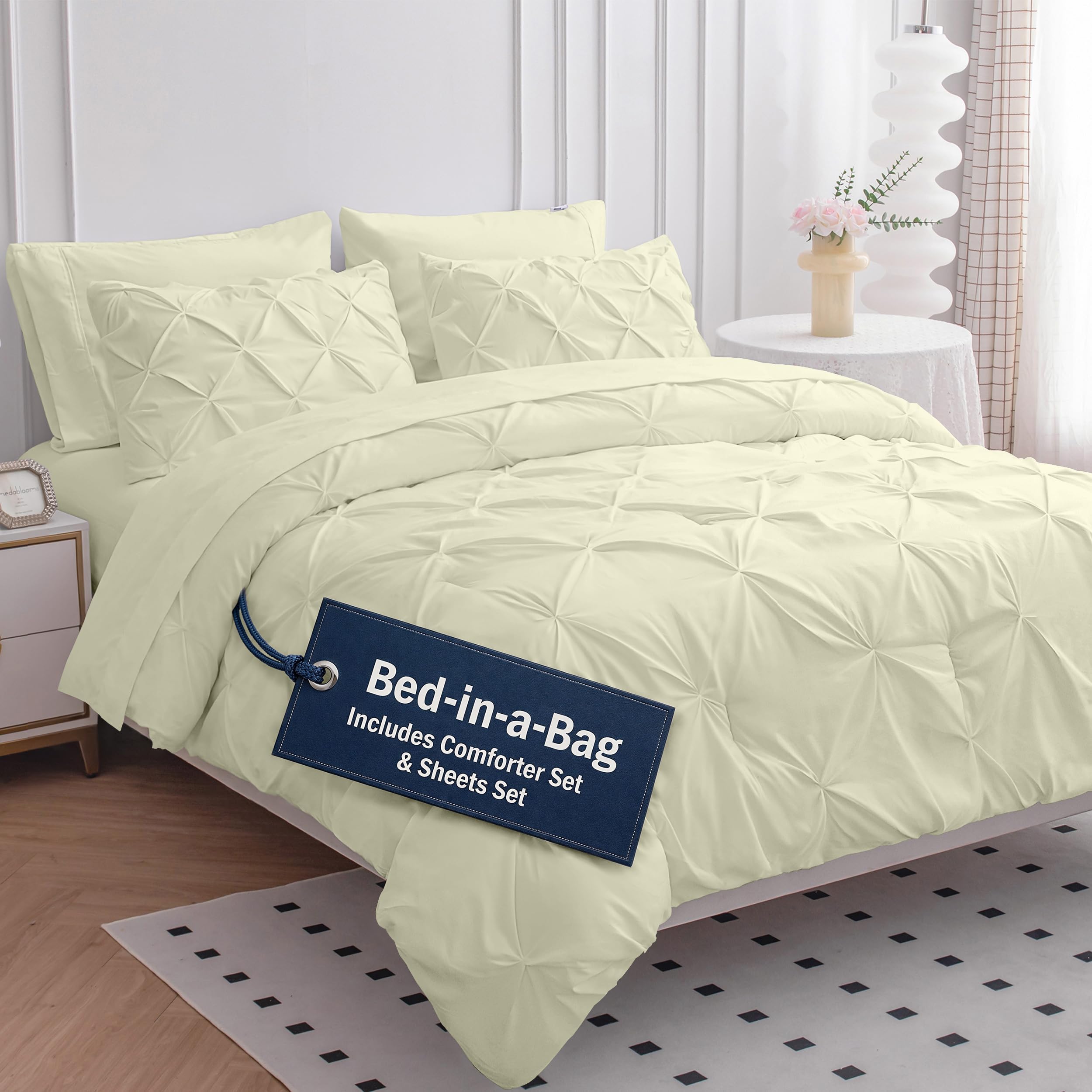 LANE LINEN Full Size Bed Comforter - 7 Piece - Refined Pintuck Finish for Hotel Style Bedding - Breathable Microfiber Bed in a Bag Comforter - Ideal for Apartments & First Homes - French Blue | Hotel sleep feel